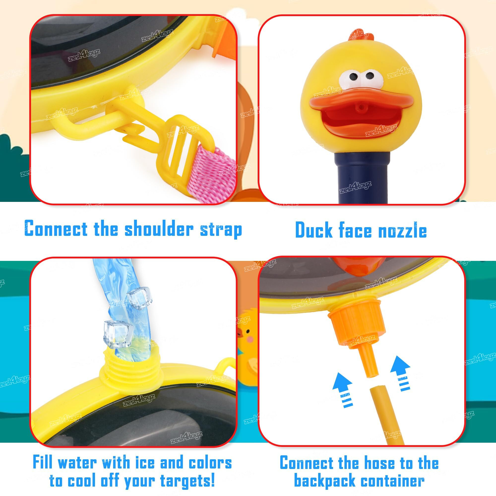 Zest 4 Toyz Holi Water Pichkari for Kids Holi Duck Backpack Water Tank with 1 Pkt Herbal Gulal and 100 Water Balloons for Holi Celebration- Boys & Girls