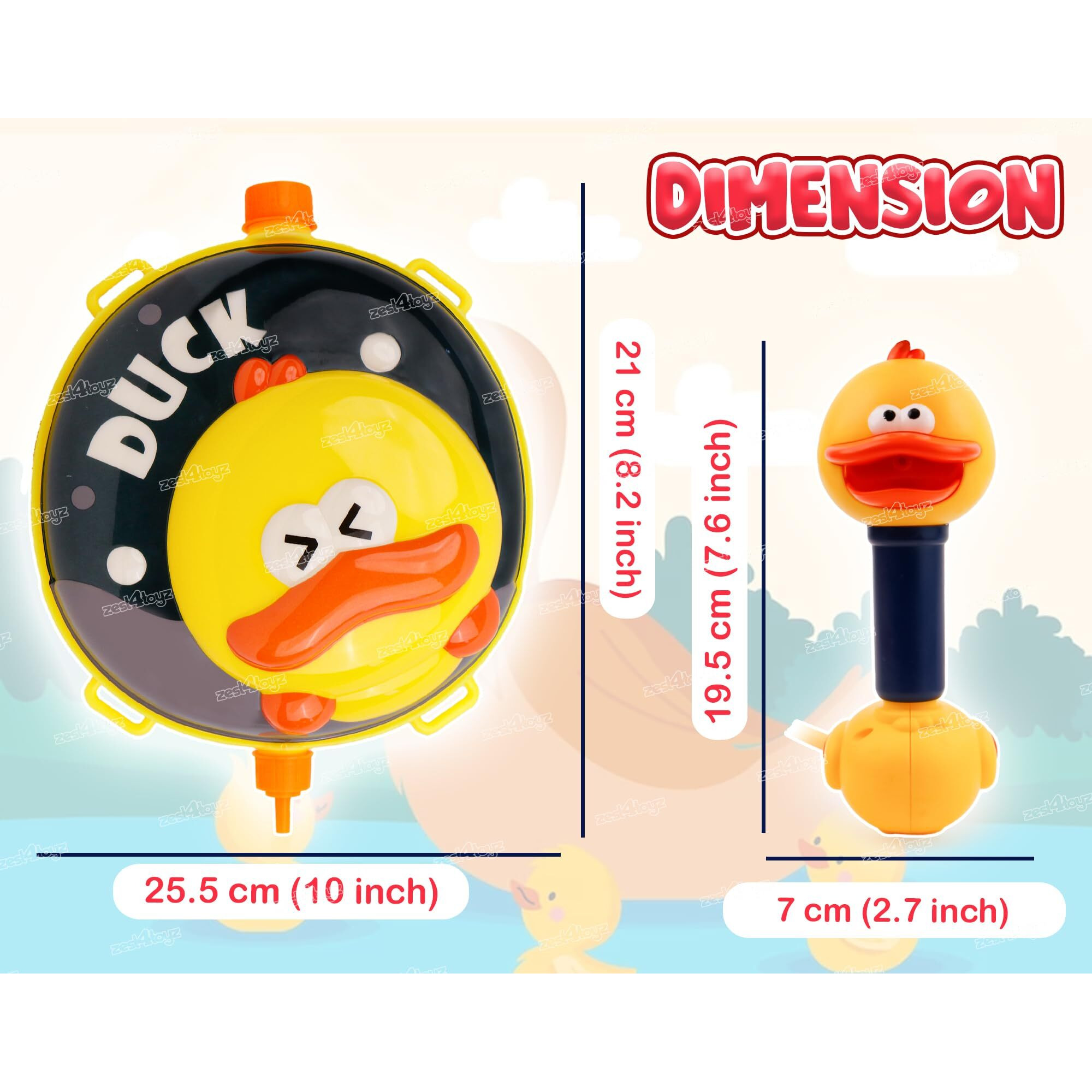 Zest 4 Toyz Holi Water Pichkari for Kids Holi Duck Backpack Water Tank with 1 Pkt Herbal Gulal and 100 Water Balloons for Holi Celebration- Boys & Girls