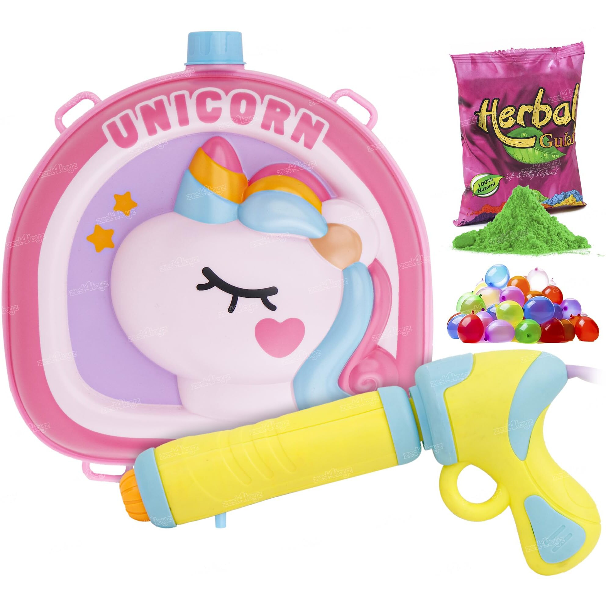 Zest 4 Toyz Holi Pichkari Watergun for Kids High Pressure Unicorn Themed Back Holding Water Tank with 1 Pkt Herbal Color & 100 Balloon Holi Combo