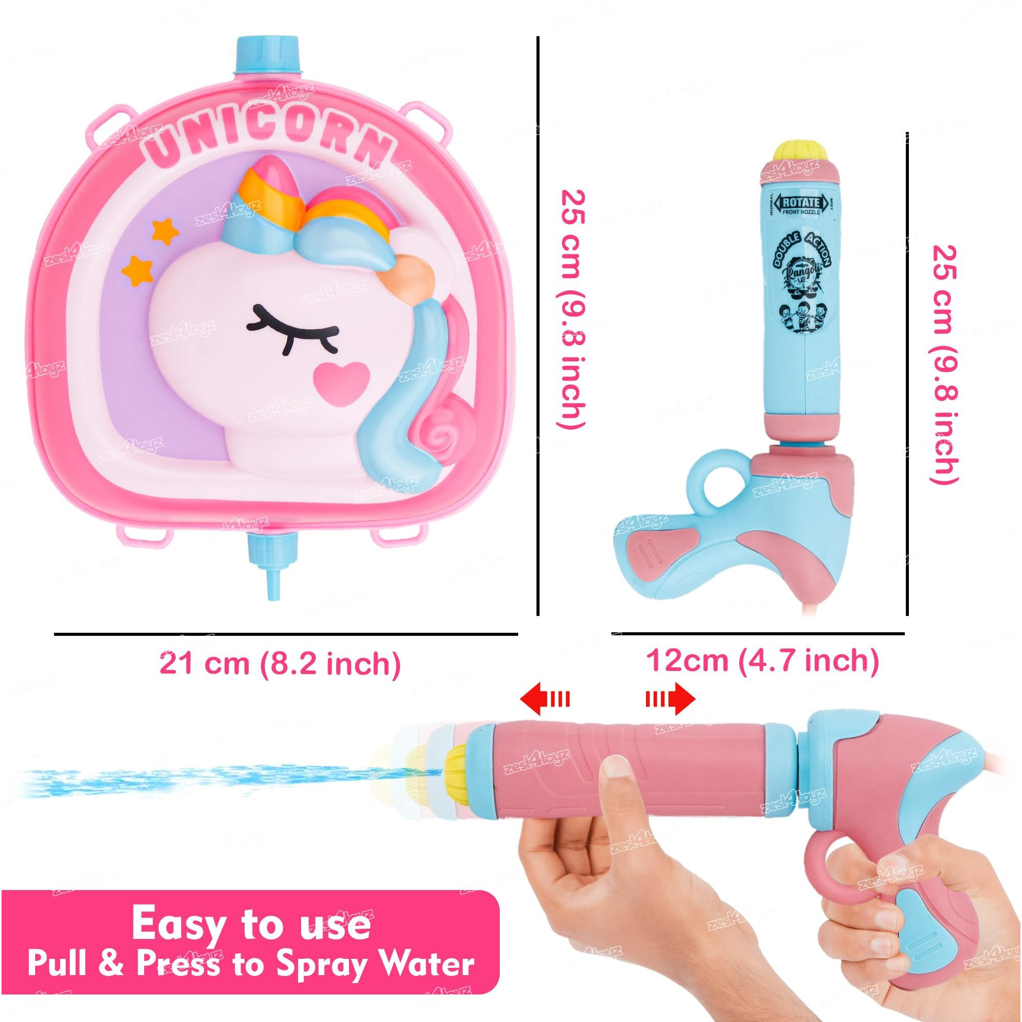 Zest 4 Toyz Holi Pichkari Watergun for Kids High Pressure Unicorn Themed Back Holding Water Tank with 1 Pkt Herbal Color & 100 Balloon Holi Combo