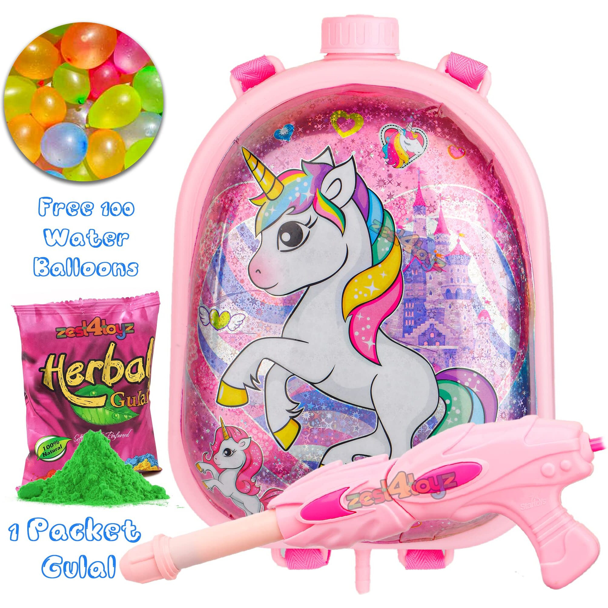 Zest 4 Toyz Holi Pichkari Water Gun for Kids Unicorn Backpack Tank Holi Water Gun with 1 Pkt Holi Color and 100 Balloons for Holi Celebration Water Spray Gun - Boys and Girls (Dazzle Tank) Assorted