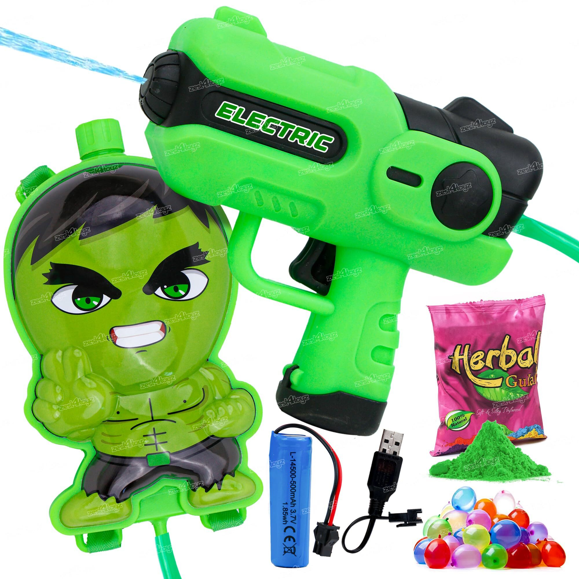Zest 4 Toyz Holi Electric Pichkari Water Gun for Kids Automatic Backpack Electric Water Gun with 1 Herbal Gulal 100 Water Balloons Rechargeable Battery Water Blaster for Holi - Hulk