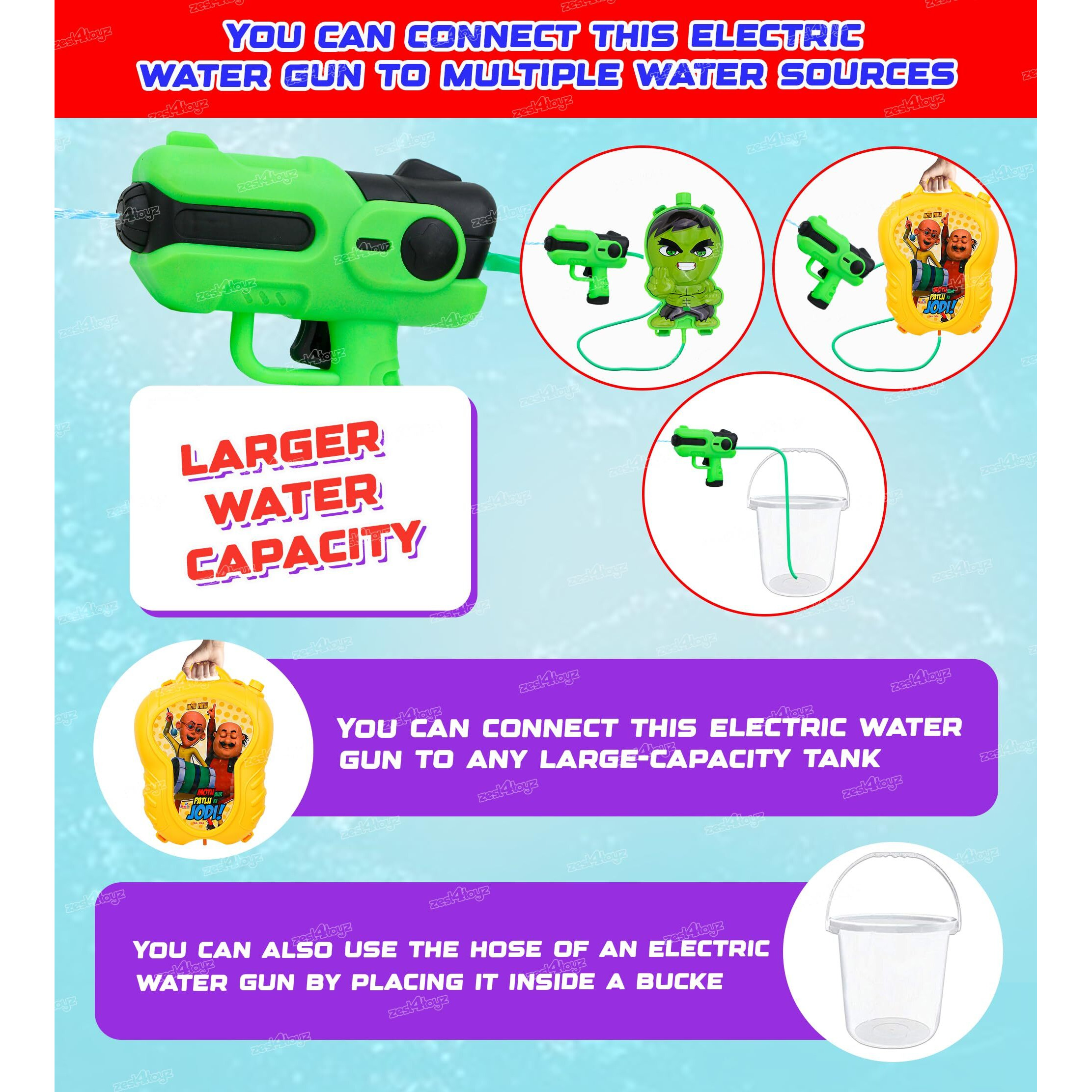 Zest 4 Toyz Holi Electric Pichkari Water Gun for Kids Automatic Backpack Electric Water Gun with 1 Herbal Gulal 100 Water Balloons Rechargeable Battery Water Blaster for Holi - Hulk