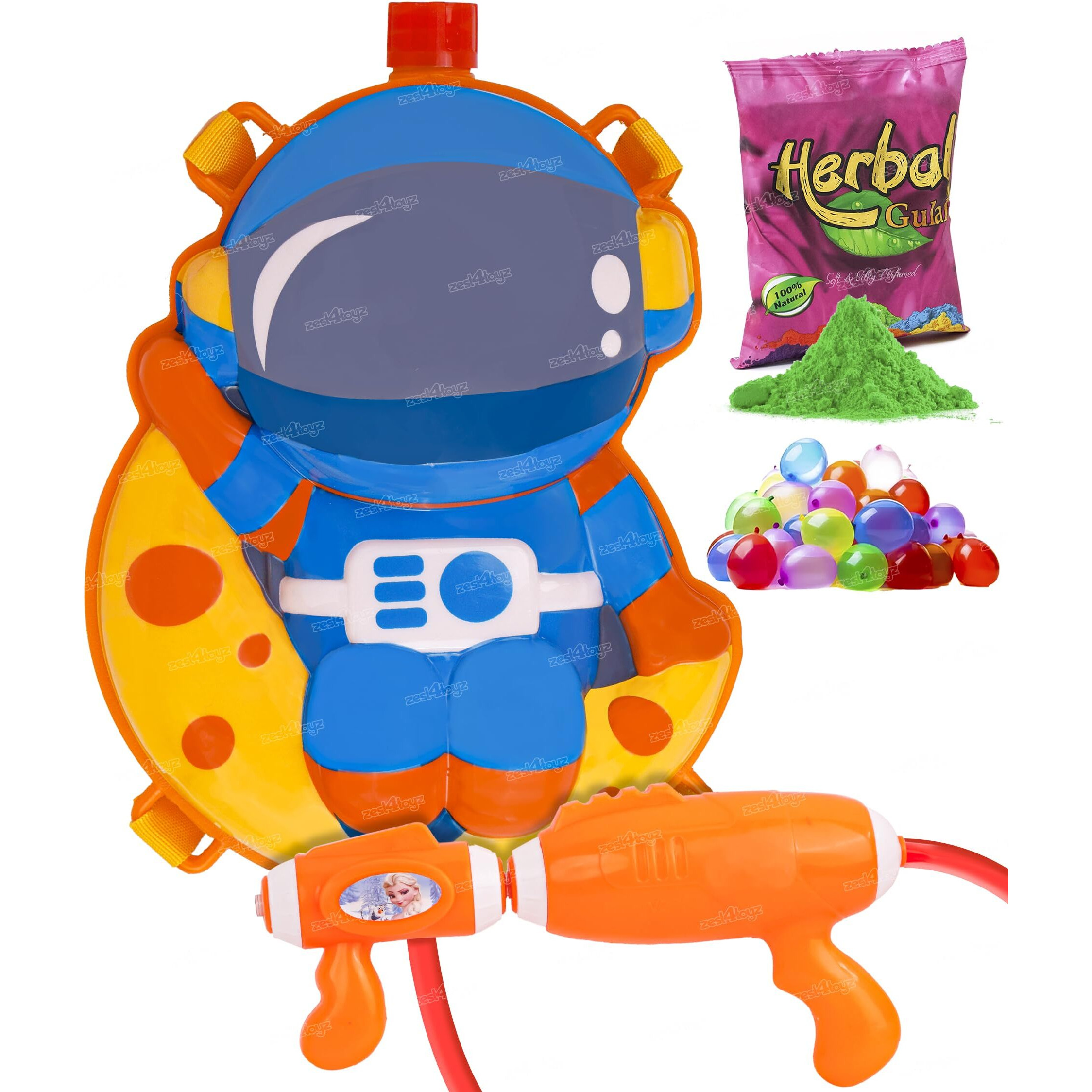 Zest 4 Toyz Holi Pichkari Water Gun for Kids Back Holding Tank Holi Combo with 1 Pkt Holi Color and 100 Water Balloons for Holi Celebration (Astronaut Themed)