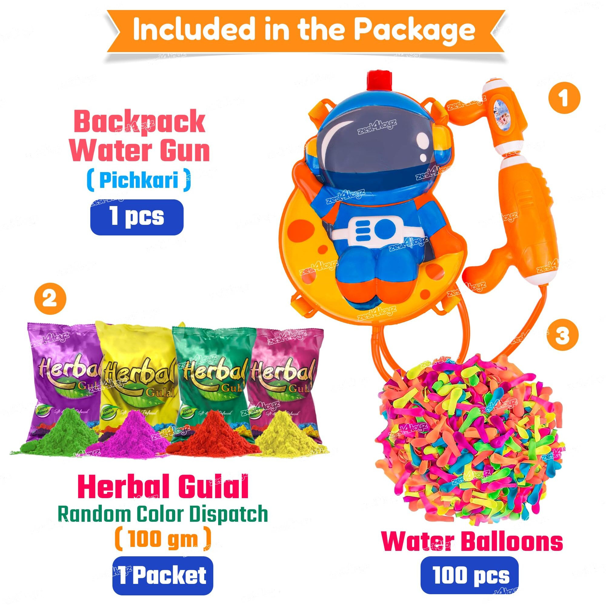 Zest 4 Toyz Holi Pichkari Water Gun for Kids Back Holding Tank Holi Combo with 1 Pkt Holi Color and 100 Water Balloons for Holi Celebration (Astronaut Themed)