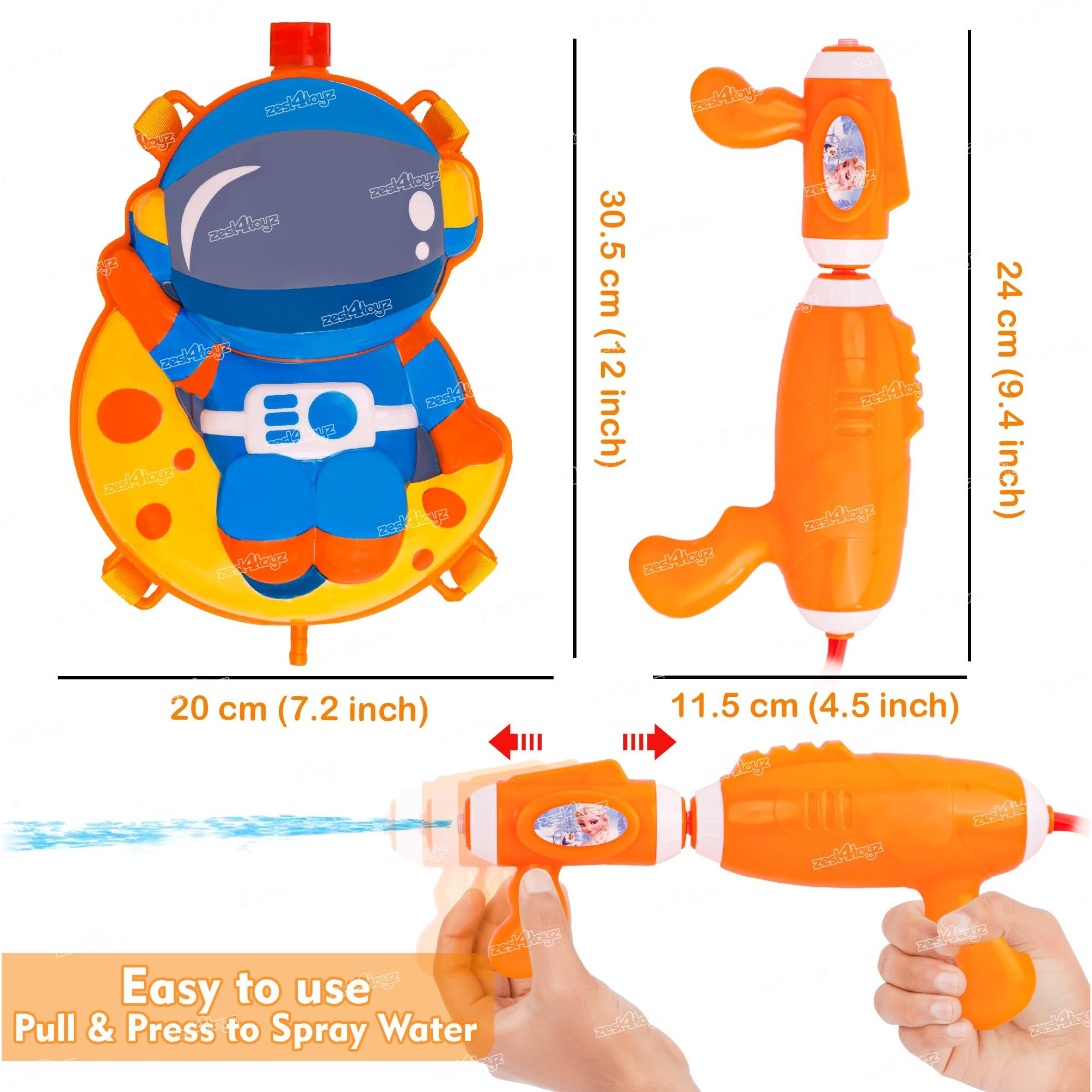 Zest 4 Toyz Holi Pichkari Water Gun for Kids Back Holding Tank Holi Combo with 1 Pkt Holi Color and 100 Water Balloons for Holi Celebration (Astronaut Themed)
