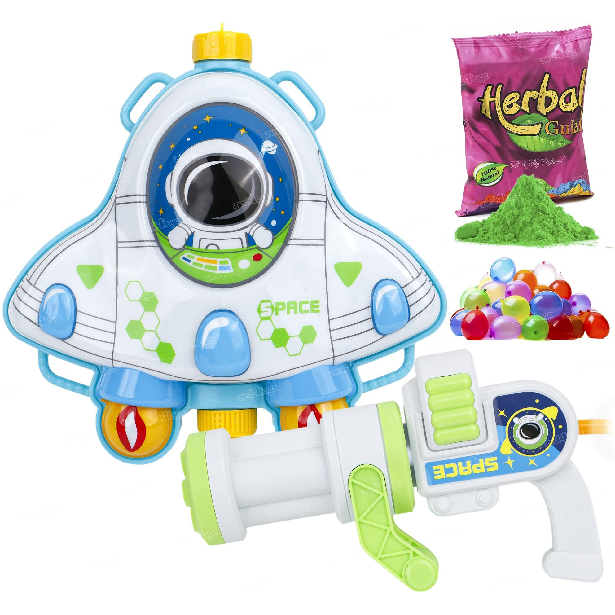 Zest 4 Toyz Holi Pichkari Water Gun for Kids Space Themed Back Holding Tank with Holi Combo 1 Pkt Holi Color and 100 Balloons for Holi Pool Parties- Boys and Girls
