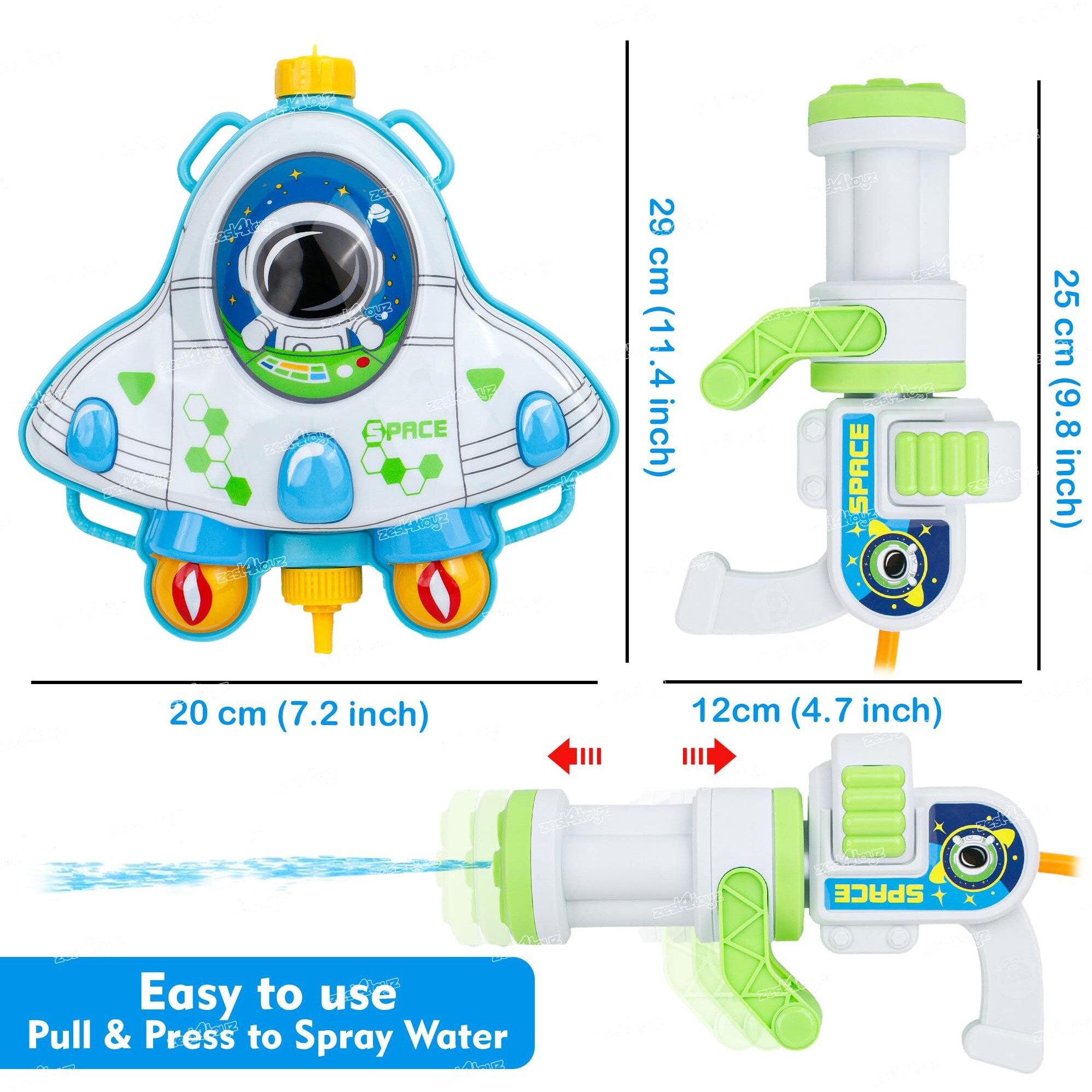 Zest 4 Toyz Holi Pichkari Water Gun for Kids Space Themed Back Holding Tank with Holi Combo 1 Pkt Holi Color and 100 Balloons for Holi Pool Parties- Boys and Girls