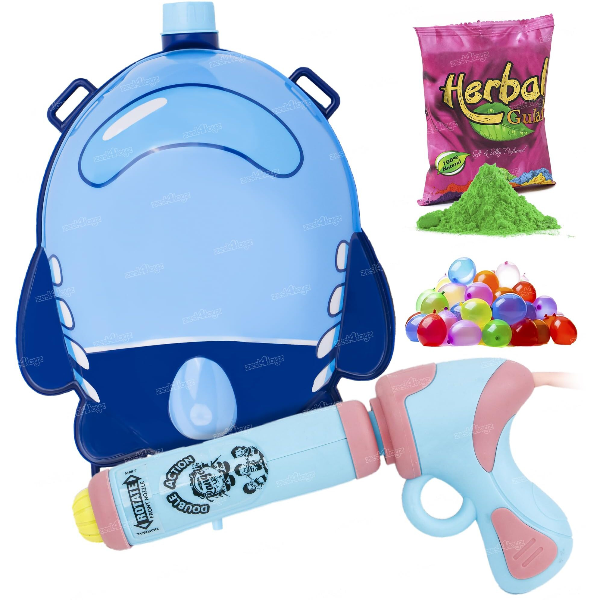 Zest 4 Toyz Holi Water Pichkari for Kids Holi Fish Design Backpack Water Tank with 1 Pkt Herbal Gulal and 100 Water Balloons for Holi Celebration- Boys & Girls