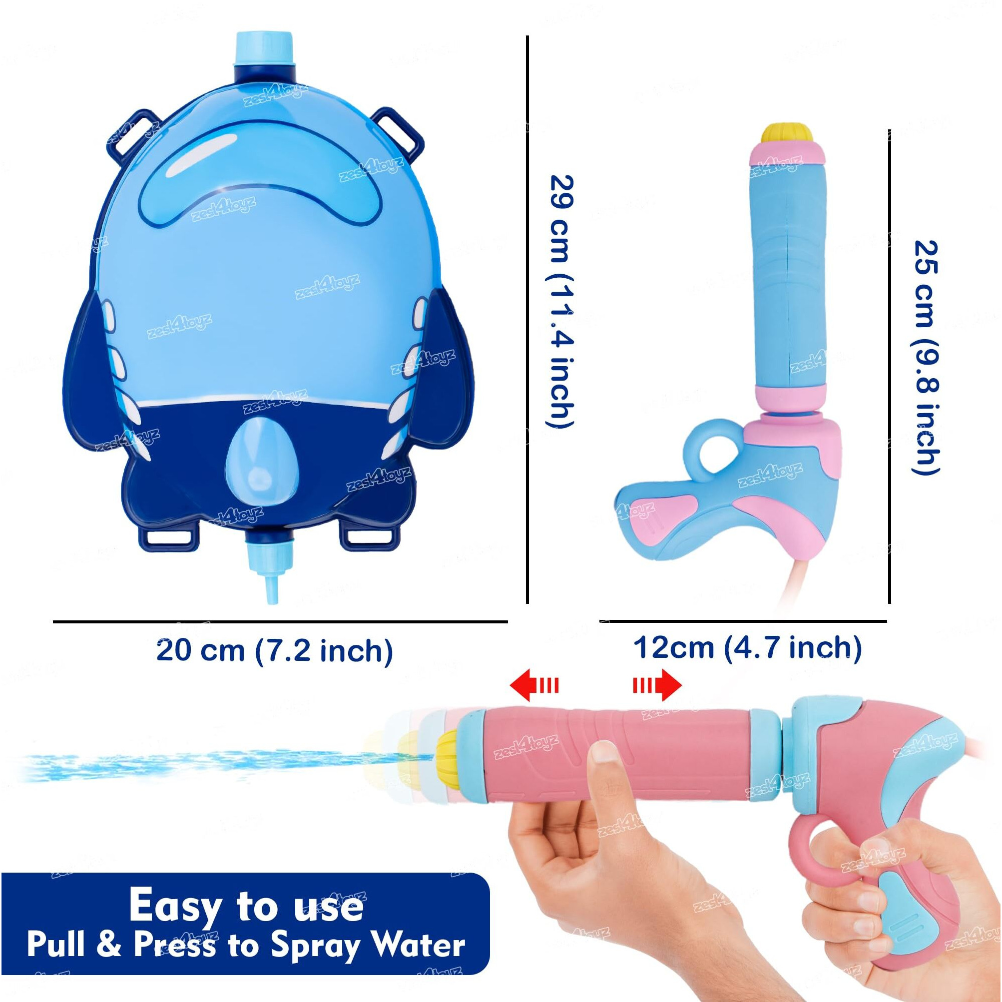 Zest 4 Toyz Holi Water Pichkari for Kids Holi Fish Design Backpack Water Tank with 1 Pkt Herbal Gulal and 100 Water Balloons for Holi Celebration- Boys & Girls