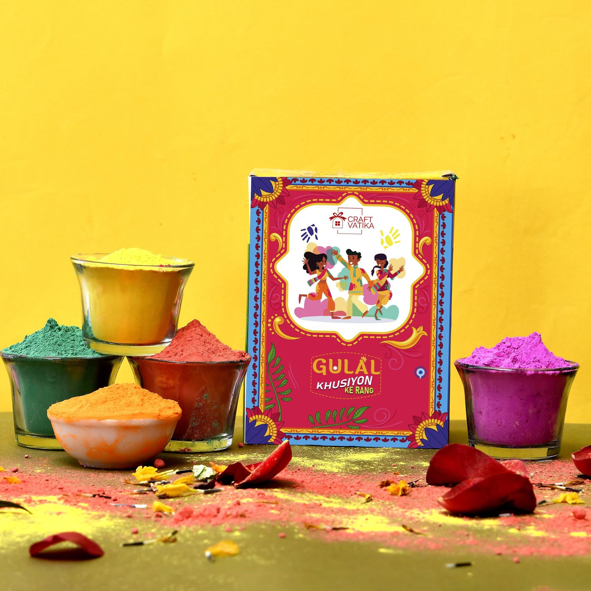 Natural Holi Colour - Organic Holi Gulal - Orange | Yellow | Red | Pink and Green - Holi Items- Pack of 5- 80gm x 5 - Holi Gift Pack -for Family, Party, Silky, Soft & Skin Friendly, 100% Safe