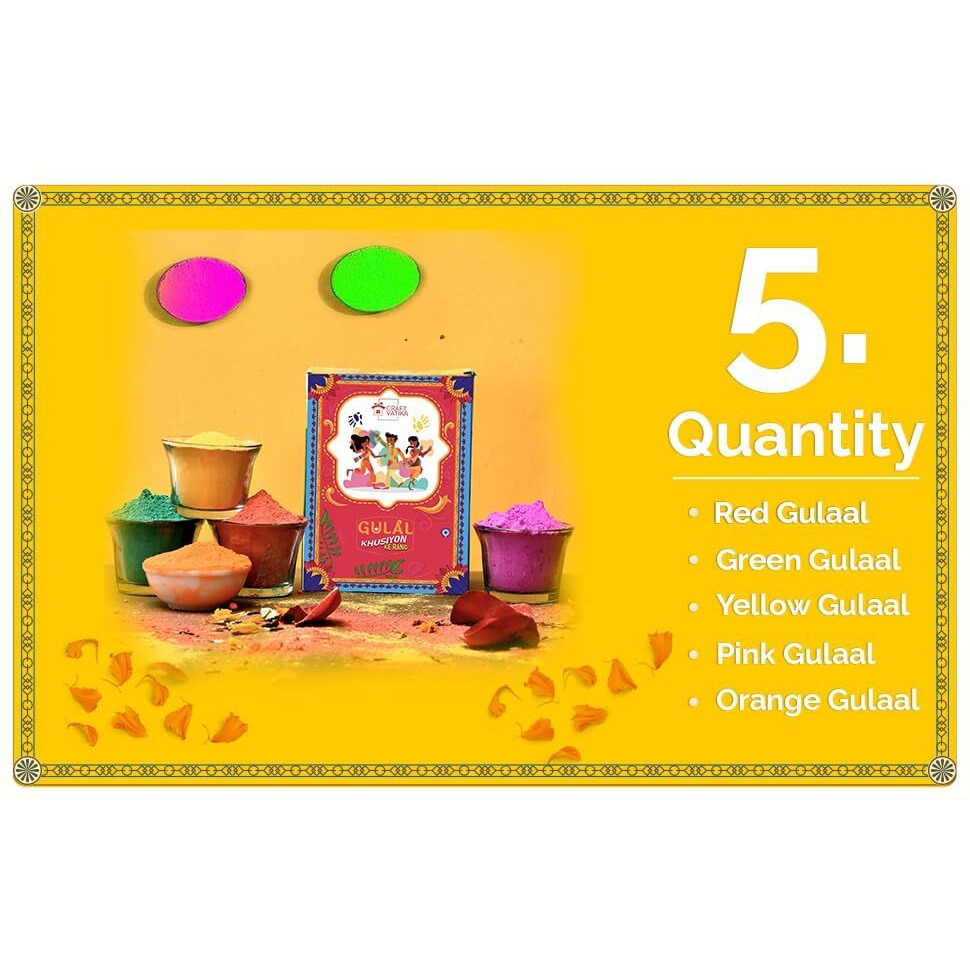Natural Holi Colour - Organic Holi Gulal - Orange | Yellow | Red | Pink and Green - Holi Items- Pack of 5- 80gm x 5 - Holi Gift Pack -for Family, Party, Silky, Soft & Skin Friendly, 100% Safe