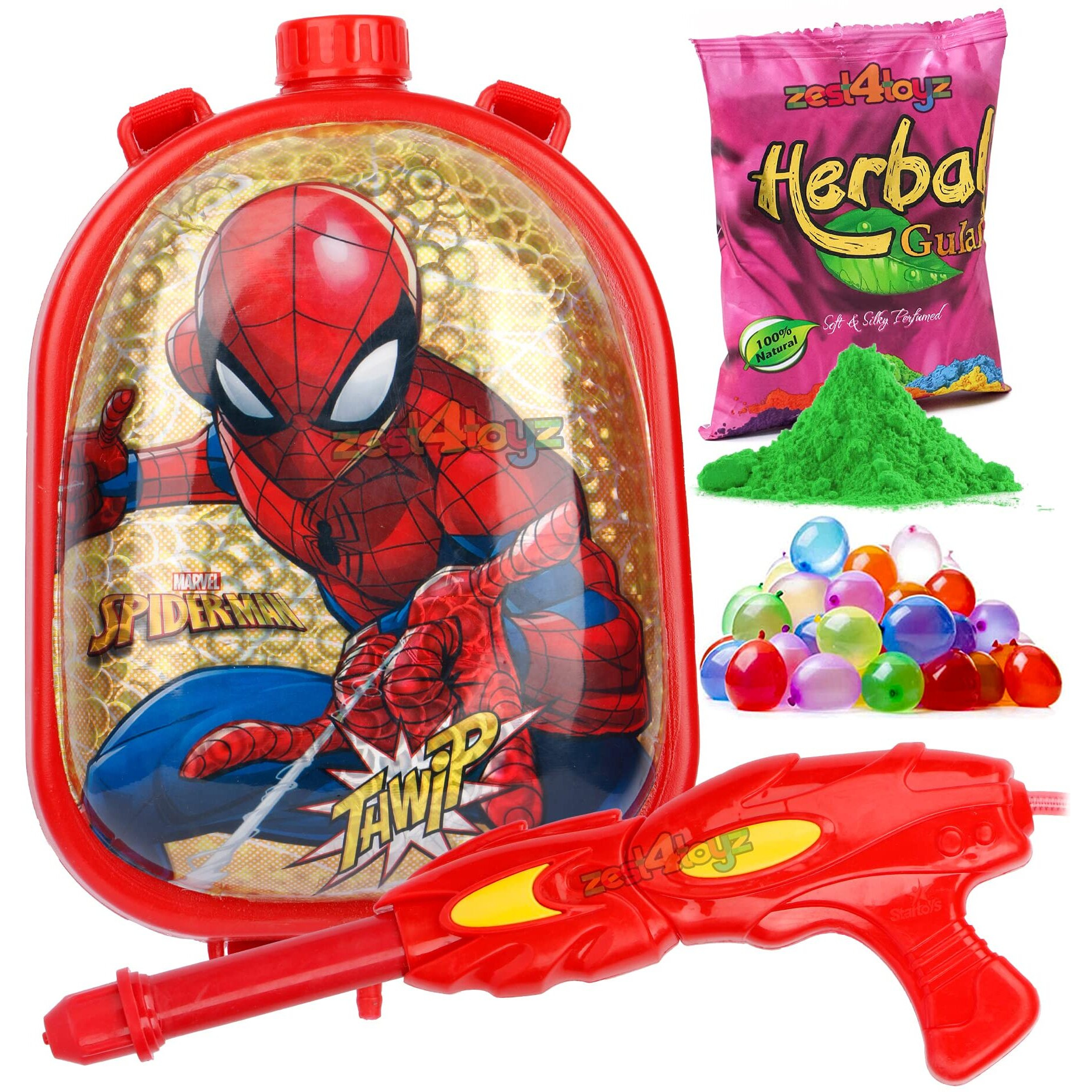 Zest 4 Toyz Holi Pichkari Water Gun for Kids Superhero Themed Backpack Tank Holi Water Gun with 1 Pkt Holi Color and 100 Balloons for Holi Celebration - Boys and Girls (Dazzle Tank) Assorted