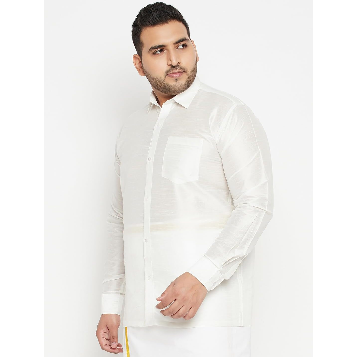 Vastramay Plus Men's White Silk Blend Ethnic Shirt || Ethnic South Indian Silk Shirt Full Sleeves Plus Size || Elegant for Holi & EID Celebration_VPLUSMSH002WH_50