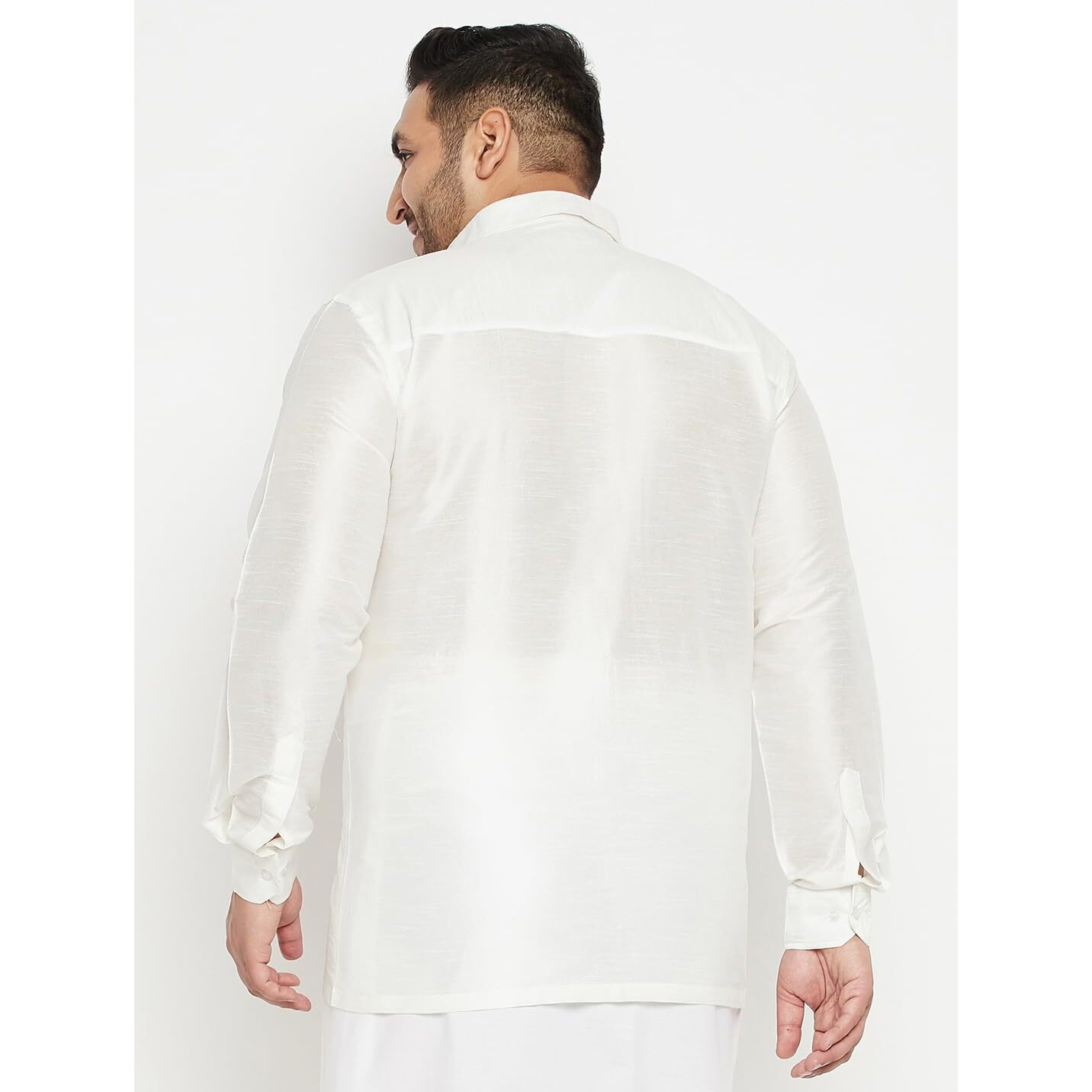Vastramay Plus Men's White Silk Blend Ethnic Shirt || Ethnic South Indian Silk Shirt Full Sleeves Plus Size || Elegant for Holi & EID Celebration_VPLUSMSH002WH_50