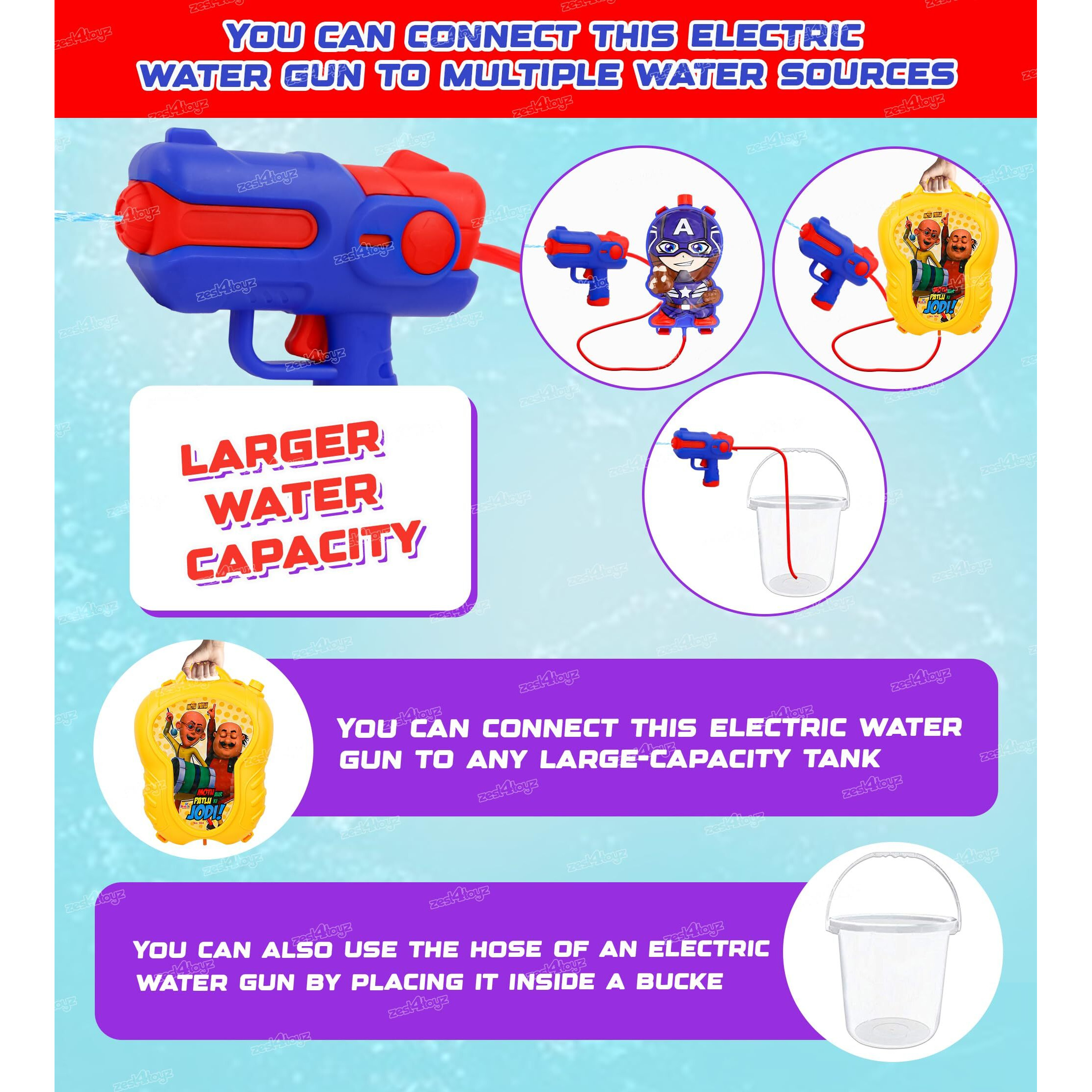 Zest 4 Toyz Holi Pichkari Water Gun for Kids Holi Motu Patlu Themed Water Gun for Holi Pool Party for Boys and Girls with 1 pkt Herbal Gulal and 100 Ballons Holi Combo - Bow Tank