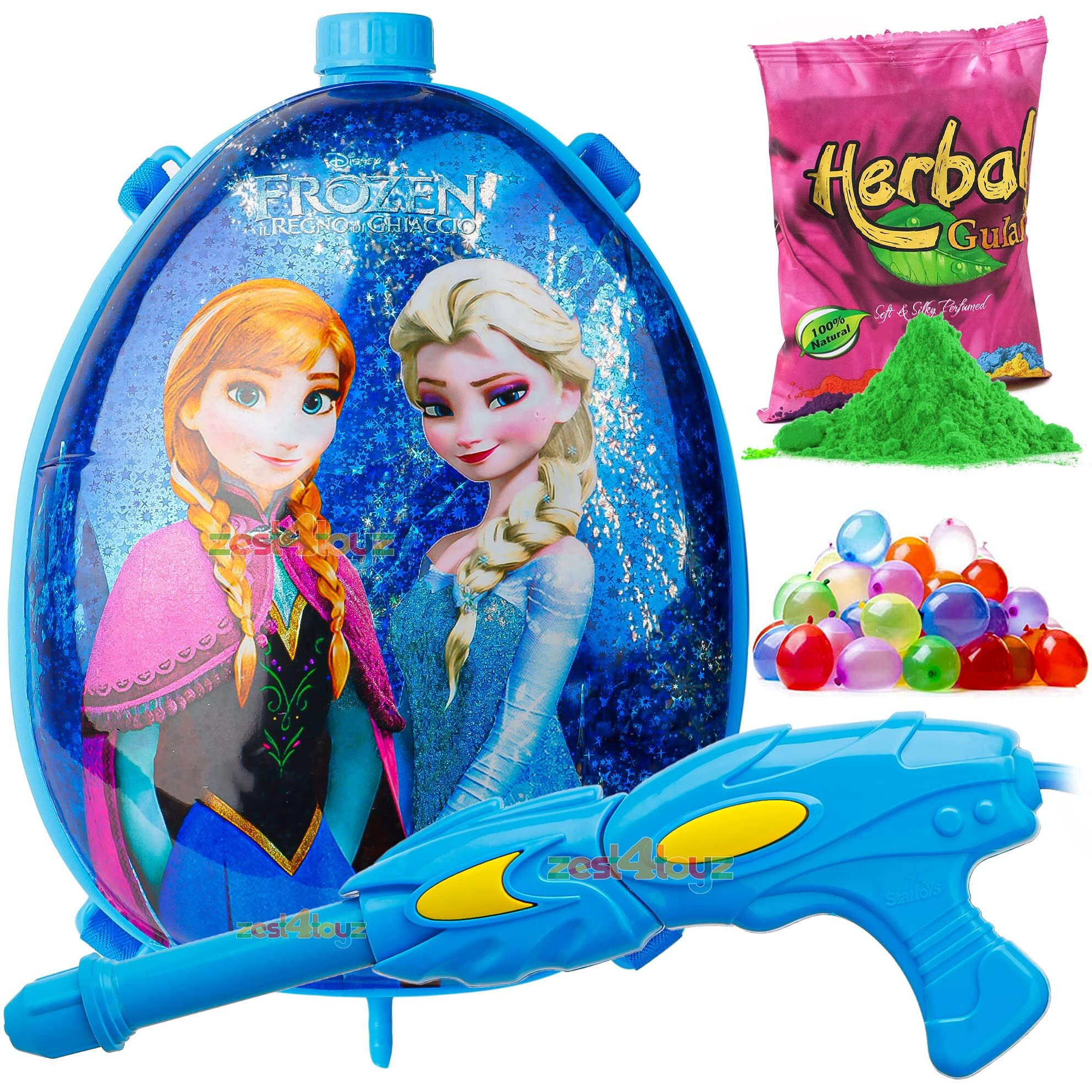 Zest 4 Toyz Holi Pichkari Water Gun for Kids Backpack Tank Water Spray with Holi Combo 100 Balloons and 1 Pkt Holi Color for Holi Celebration- Boys and Girls(Gold Tank)