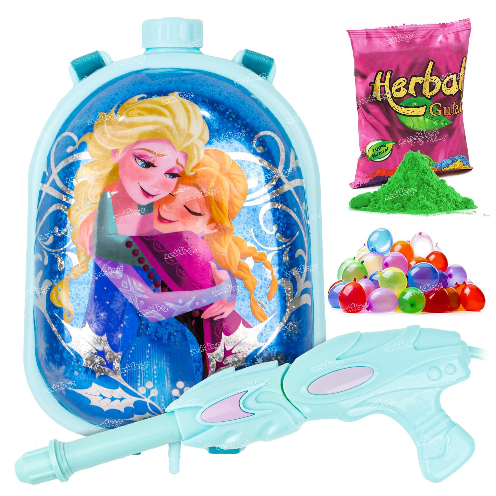 Zest 4 Toyz Holi Pichkari Water Gun for Kids Backpack Tank Holi Water Gun with 100 Balloons and 1 Pkt Holi Color for Holi Celebration Water Spray Gun - Boys and Girls (Dazzle Tank) Assorted