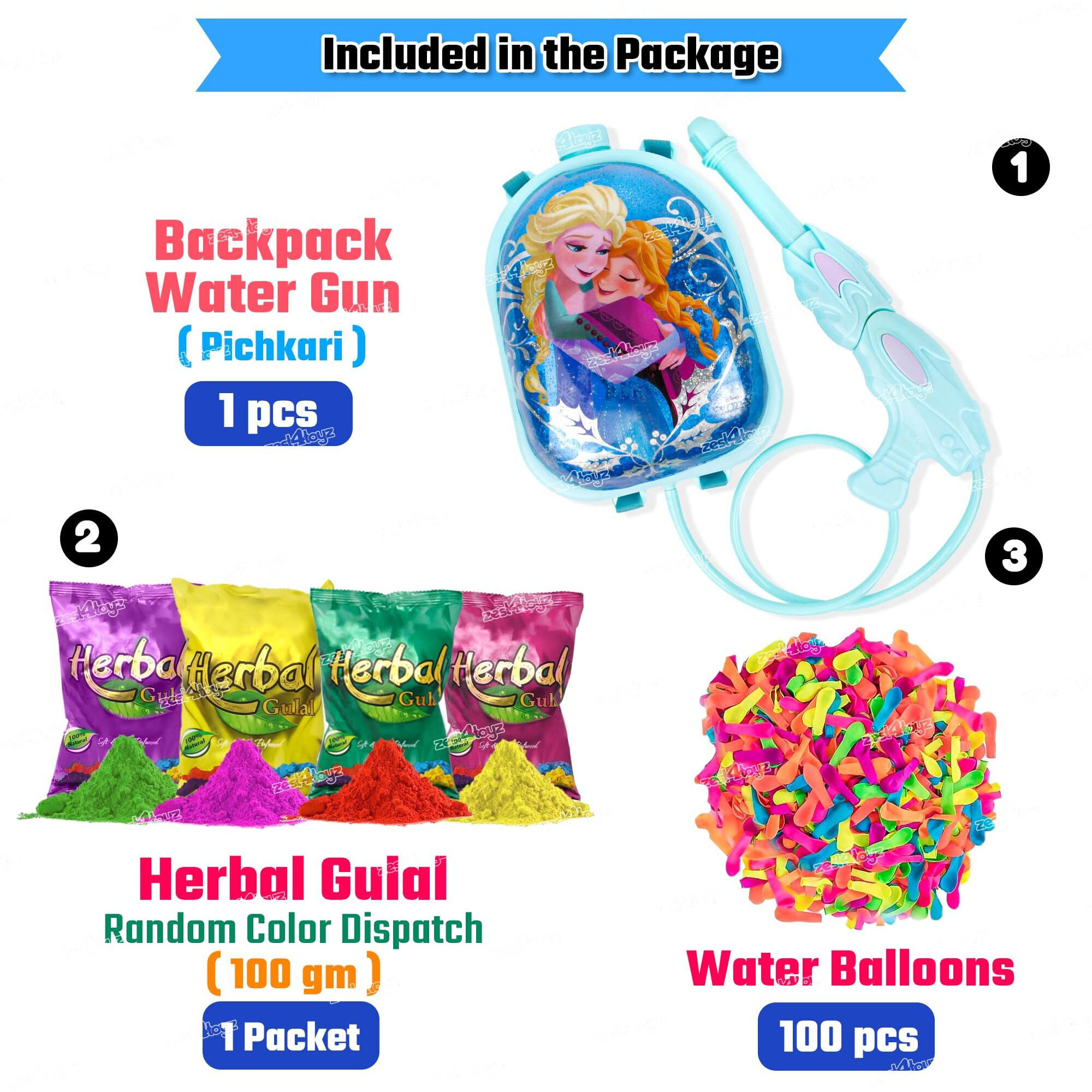 Zest 4 Toyz Holi Pichkari Water Gun for Kids Backpack Tank Holi Water Gun with 100 Balloons and 1 Pkt Holi Color for Holi Celebration Water Spray Gun - Boys and Girls (Dazzle Tank) Assorted