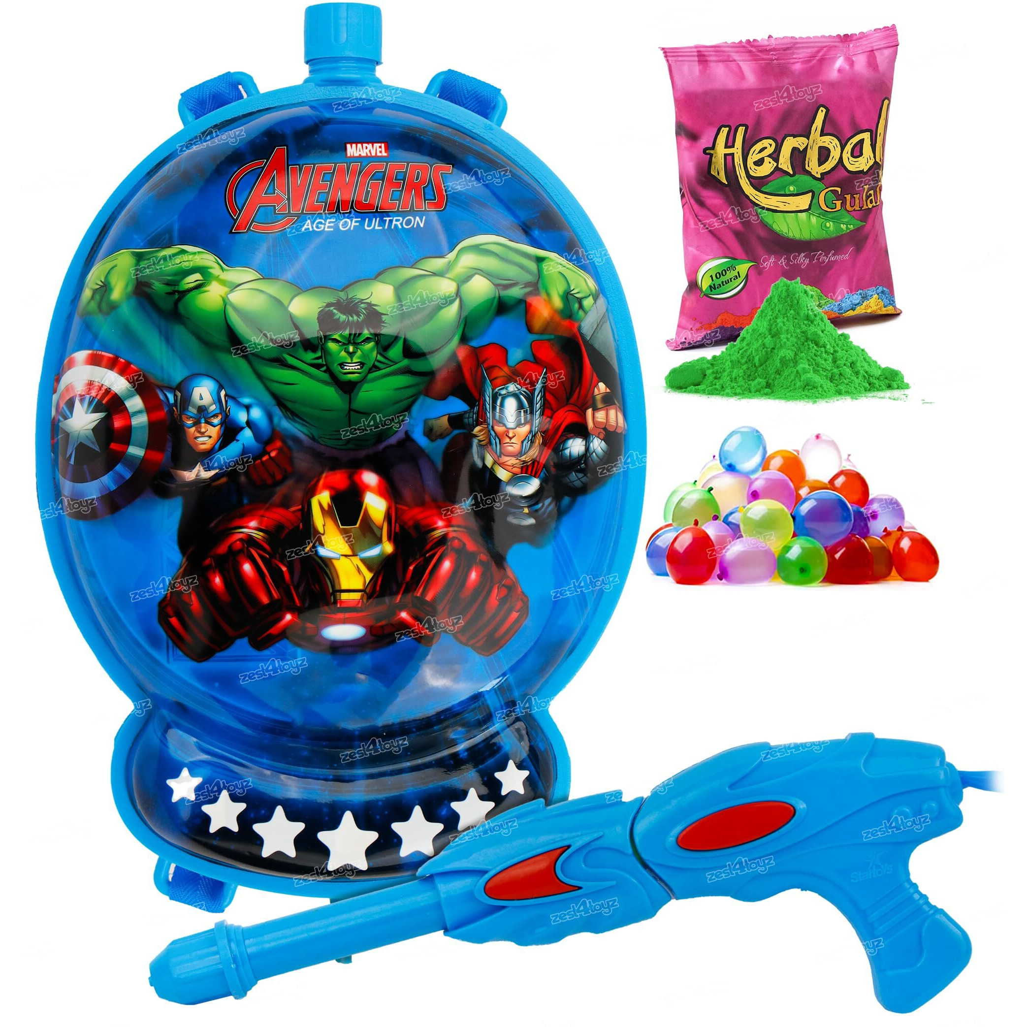Zest 4 Toyz Holi Pichkari Water Gun for Kids Backpack Tank Holi Water Gun with 1 Pkt Holi Color and 100 Balloons for Holi Celebration - Boys and Girls (Rocket Tank) - Avengers