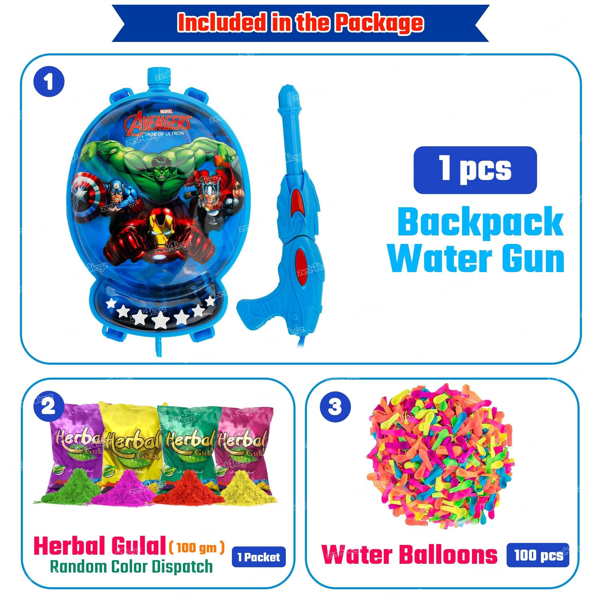 Zest 4 Toyz Holi Pichkari Water Gun for Kids Backpack Tank Holi Water Gun with 1 Pkt Holi Color and 100 Balloons for Holi Celebration - Boys and Girls (Rocket Tank) - Avengers
