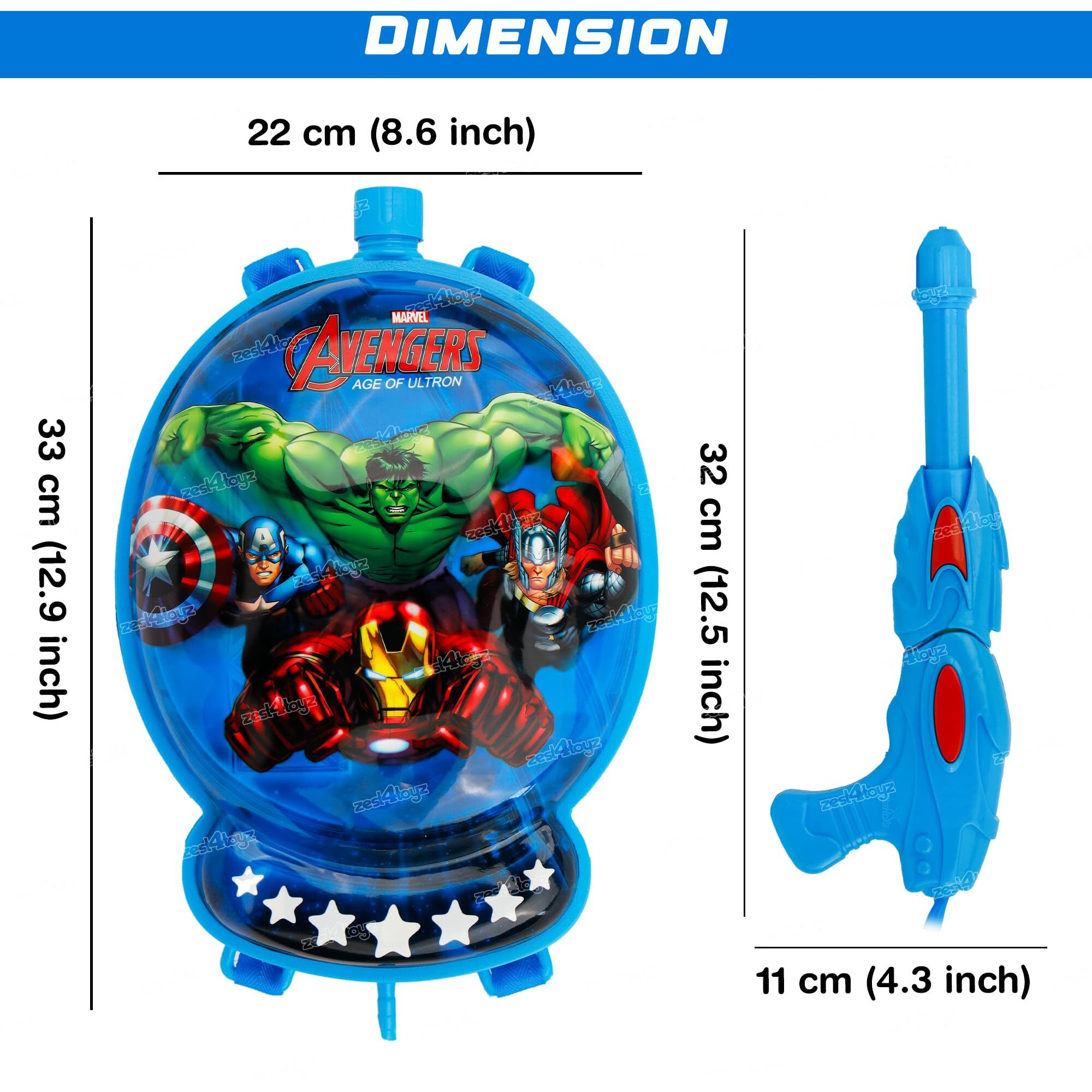 Zest 4 Toyz Holi Pichkari Water Gun for Kids Backpack Tank Holi Water Gun with 1 Pkt Holi Color and 100 Balloons for Holi Celebration - Boys and Girls (Rocket Tank) - Avengers