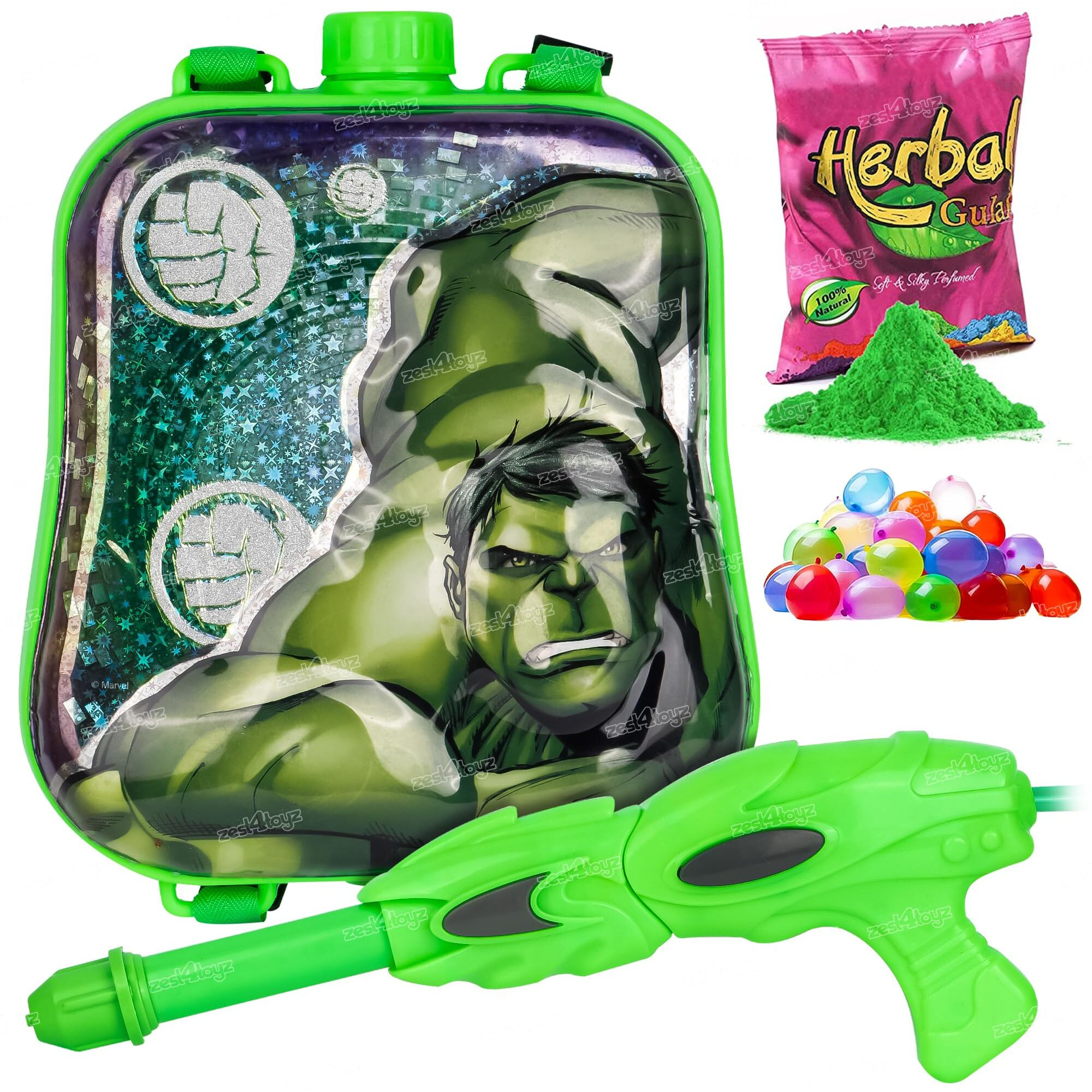 Zest 4 Toyz Holi Pichkari Watergun for Kids Backpack Pichkari Tank Spray with 1 Pkt Gulal Color & 100 Water Balloons Holi Combo(Royal Tank)- Boys and Girls