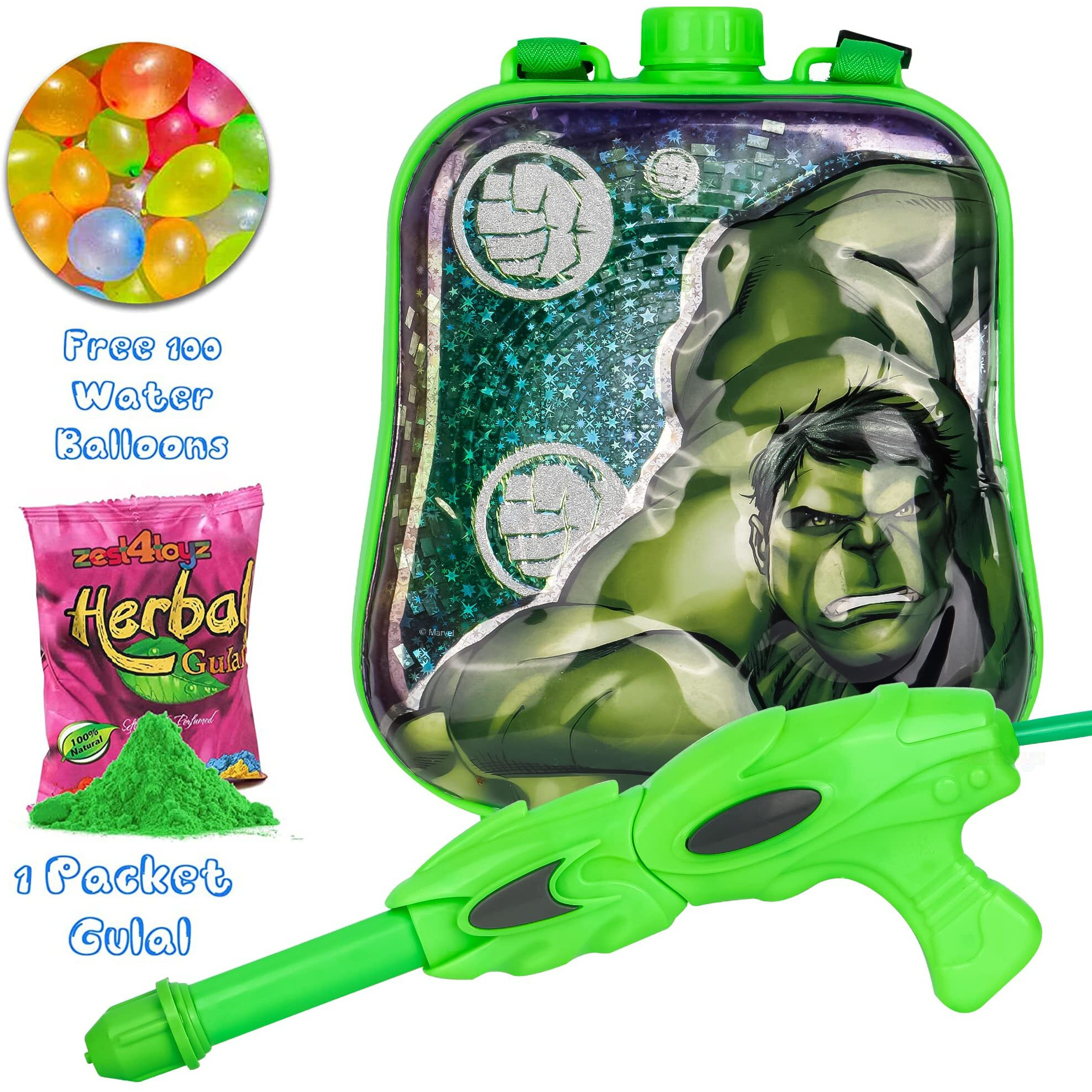 Zest 4 Toyz Holi Pichkari Watergun for Kids Backpack Pichkari Tank Spray with 1 Pkt Gulal Color & 100 Water Balloons Holi Combo(Royal Tank)- Boys and Girls