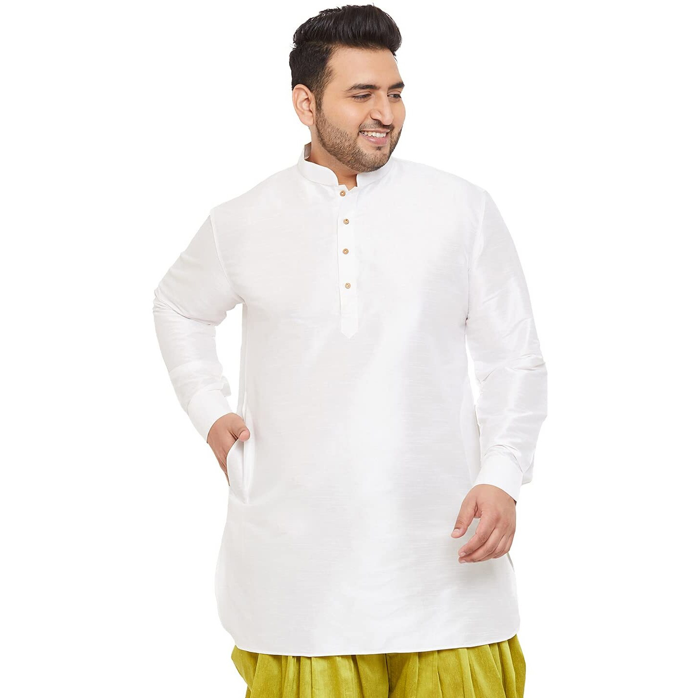 VASTRAMAY Plus Men's White Silk Blend Kurta || Silk Blend Curved Hem Kurta || Elegance for Holi & Eid Celebration_VPLUSMUK001WH_54