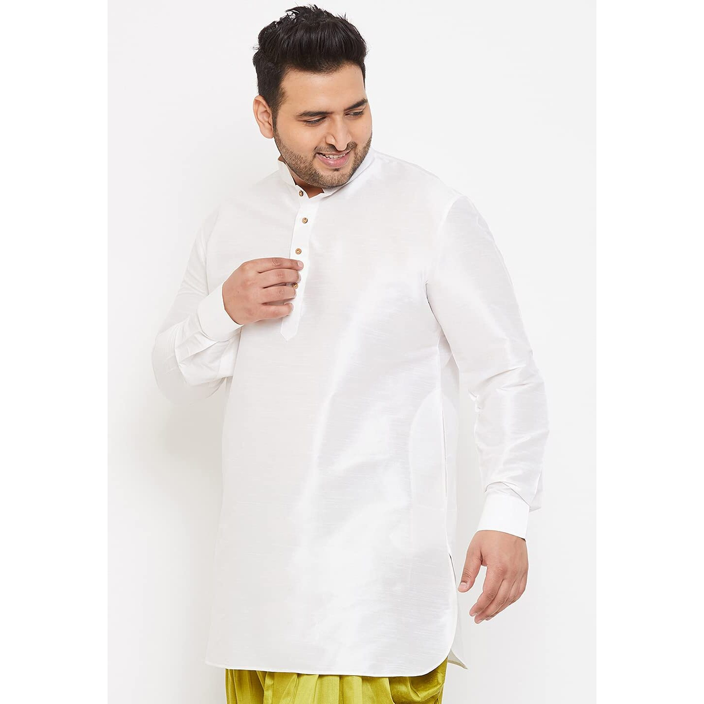 VASTRAMAY Plus Men's White Silk Blend Kurta || Silk Blend Curved Hem Kurta || Elegance for Holi & Eid Celebration_VPLUSMUK001WH_54