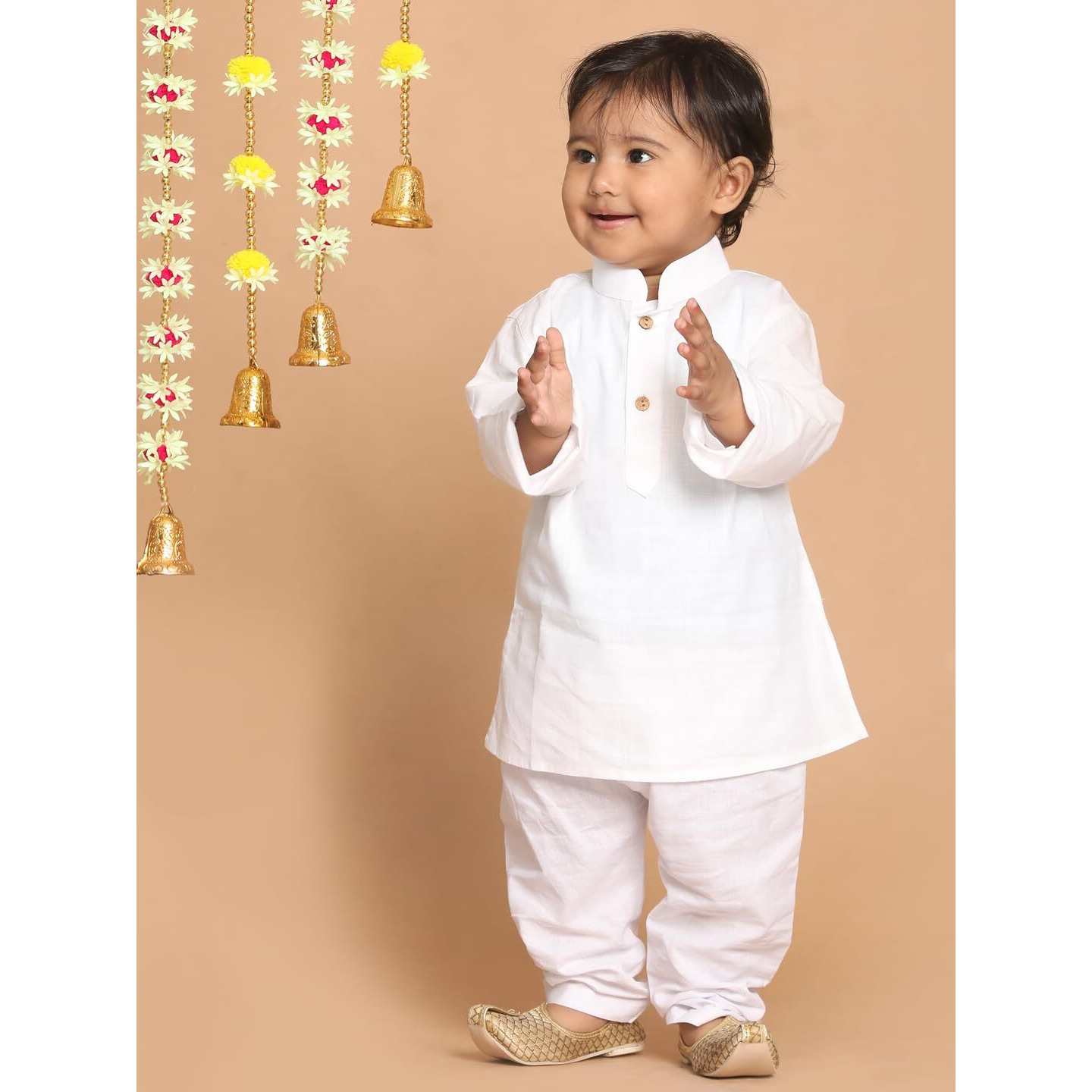 Vastramay Infant Boys White Cotton Blend Kurta Pyjama Set || Classic Solid Kurta In Cotton Fabric With White Pyjama || Elegant For Holi & EID Celebration_VSHISBK007WHnPCWH_20