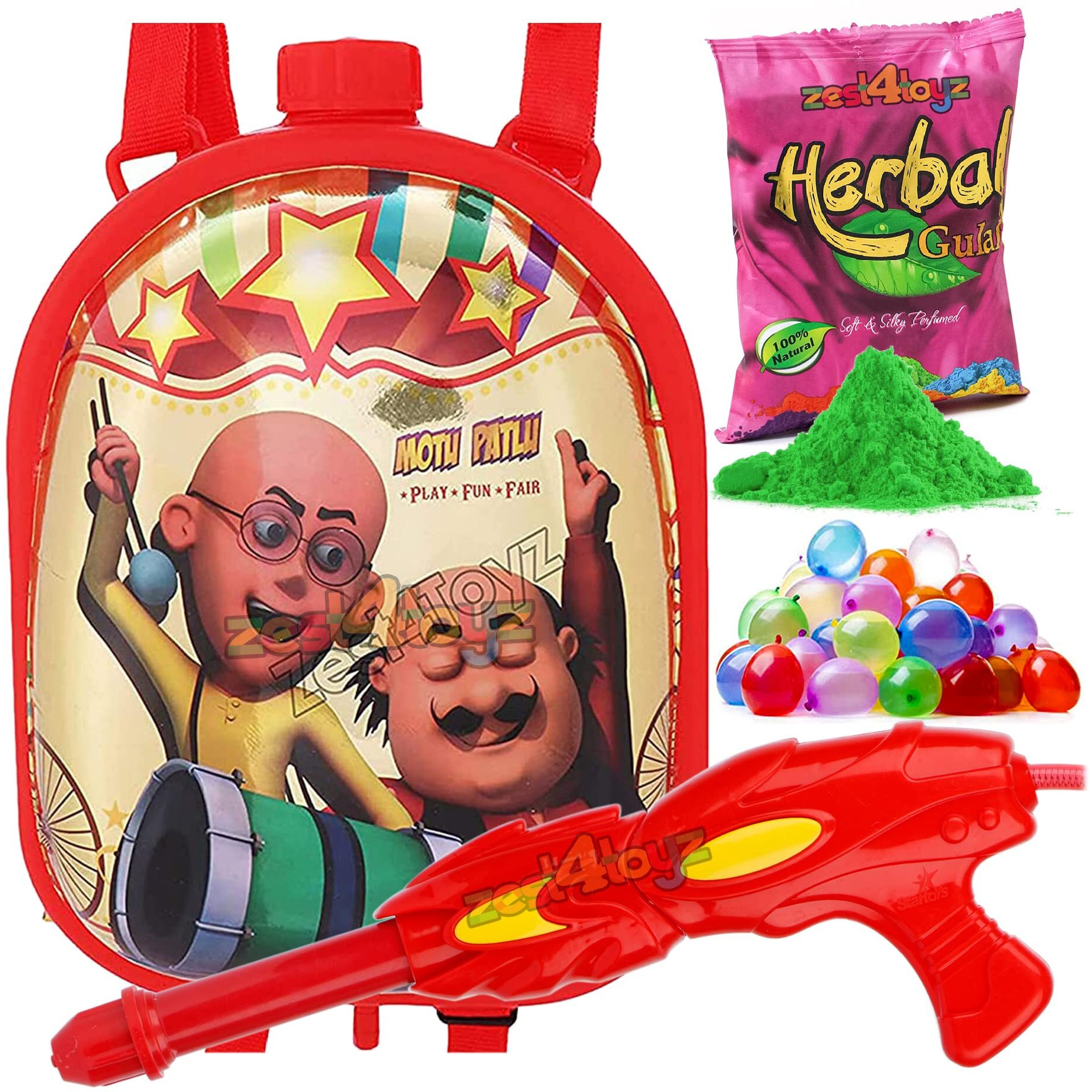 Zest 4 Toyz Holi Pichkari Water Gun for Kids Holi Water Gun Backpack Tank with 1 Pkt Holi Color and 100 Balloons for Holi Celebration Water Spray Gun - Boys and Girls (Dazzle Tank) Assorted