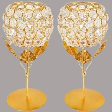 Crystal Candle Holder Tea Light Stand Votive- Decorative Tealight Holders for Home Office Living Room Indoor Garden Dining Centerpiece Decoration Holi, Diwali, Gifts 7 Inch (2 PCS Pack)