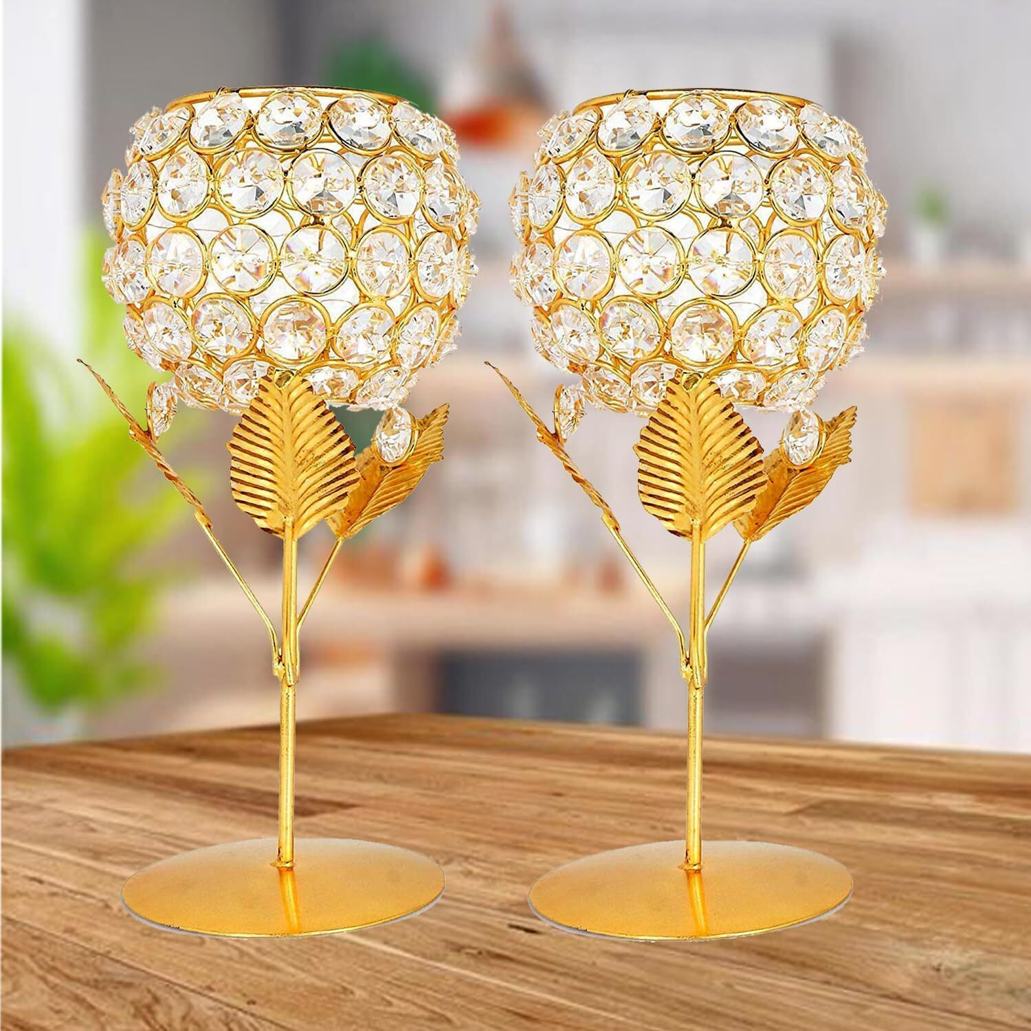 Crystal Candle Holder Tea Light Stand Votive- Decorative Tealight Holders for Home Office Living Room Indoor Garden Dining Centerpiece Decoration Holi, Diwali, Gifts 7 Inch (4 PCS Pack)