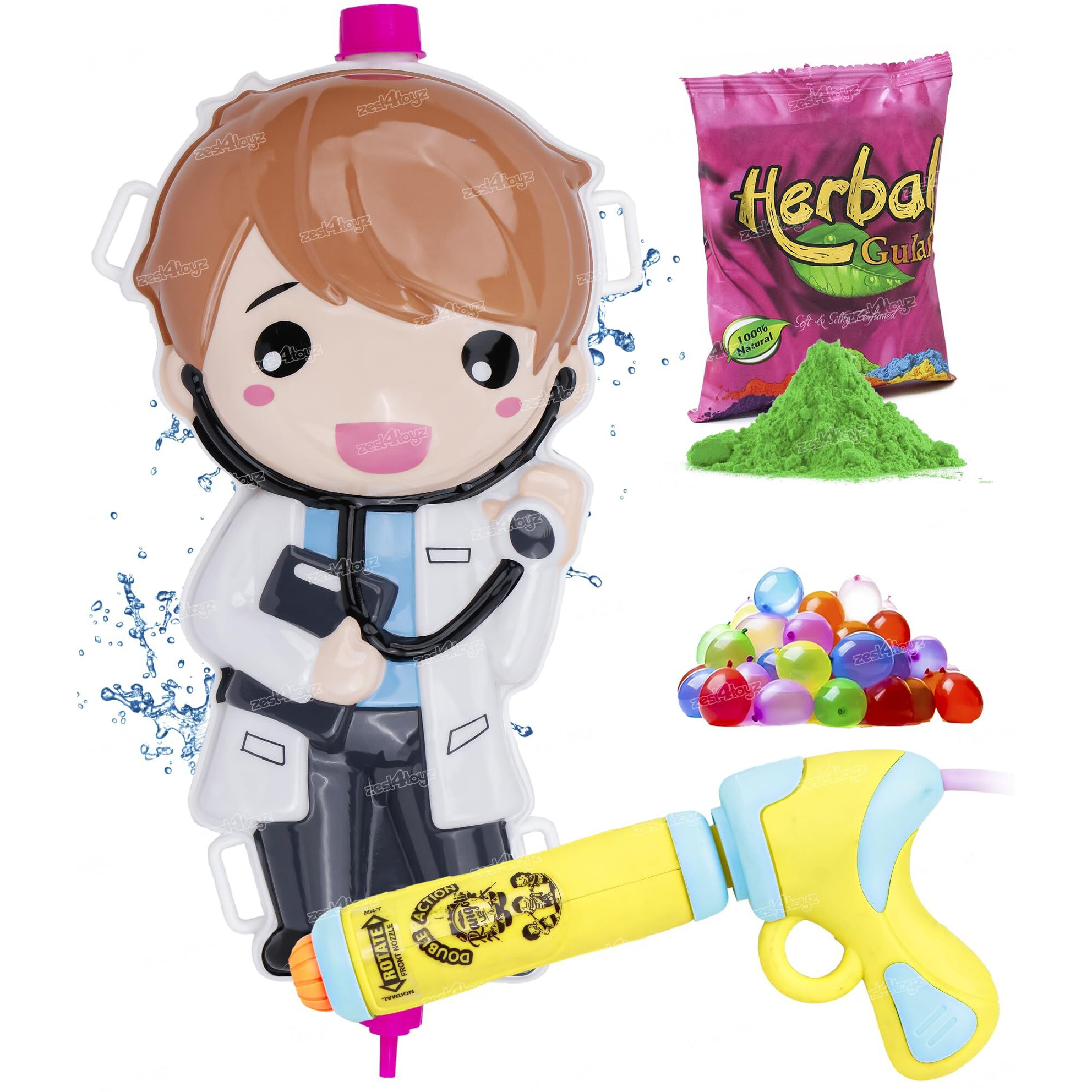 Zest 4 Toyz Holi Water Pichkari for Kids Holi Doctor Backpack Water Tank with 1 Pkt Herbal Gulal and 100 Water Balloons for Holi Celebration- Boys & Girls