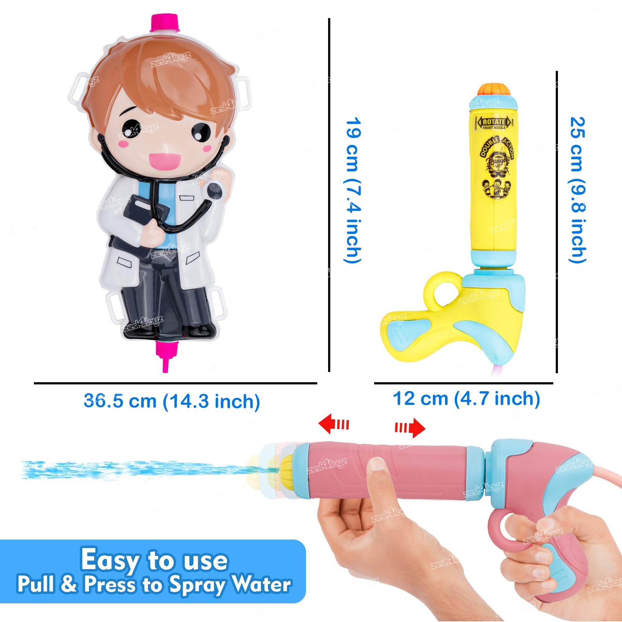 Zest 4 Toyz Holi Water Pichkari for Kids Holi Doctor Backpack Water Tank with 1 Pkt Herbal Gulal and 100 Water Balloons for Holi Celebration- Boys & Girls