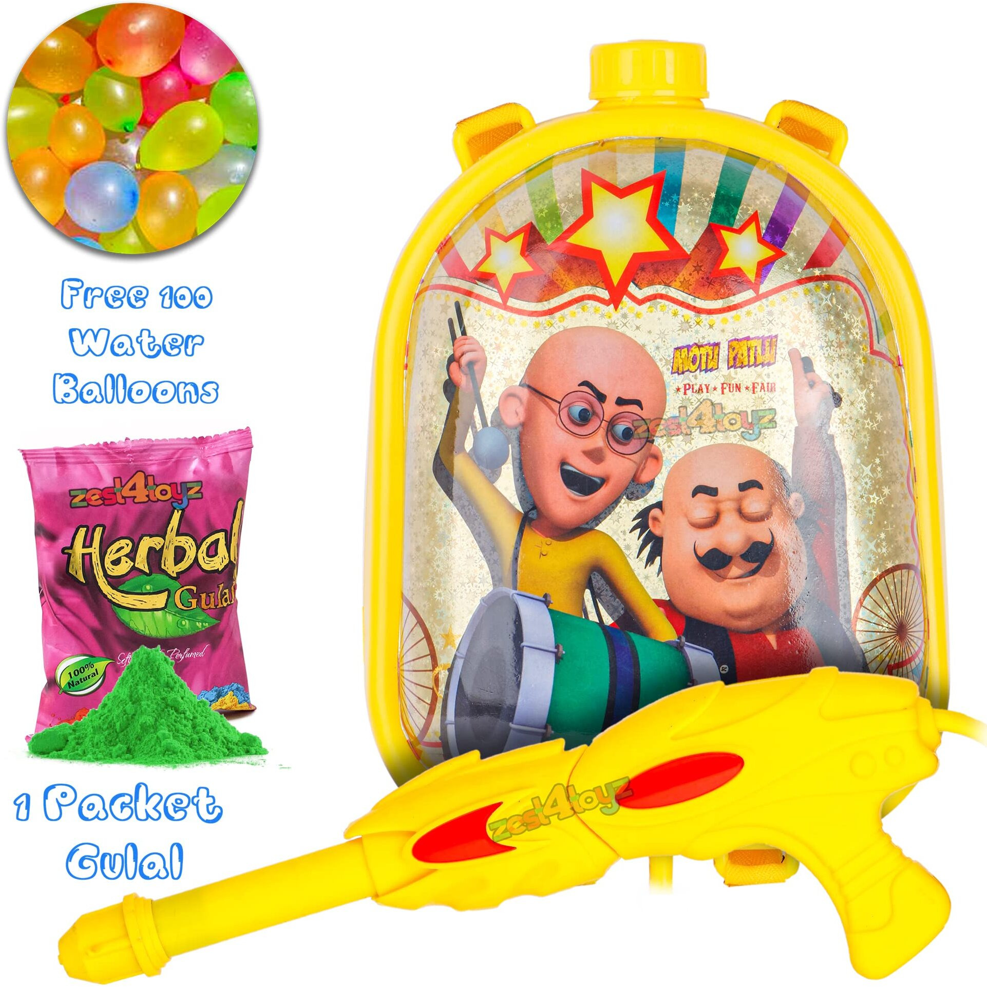 Zest 4 Toyz Holi Pichkari Water Gun for Kids Holi Water Gun Backpack Tank with 100 Balloons and 1 Pkt Holi Color for Holi Celebration Water Spray Gun - Boys and Girls (Dazzle Tank) Assorted