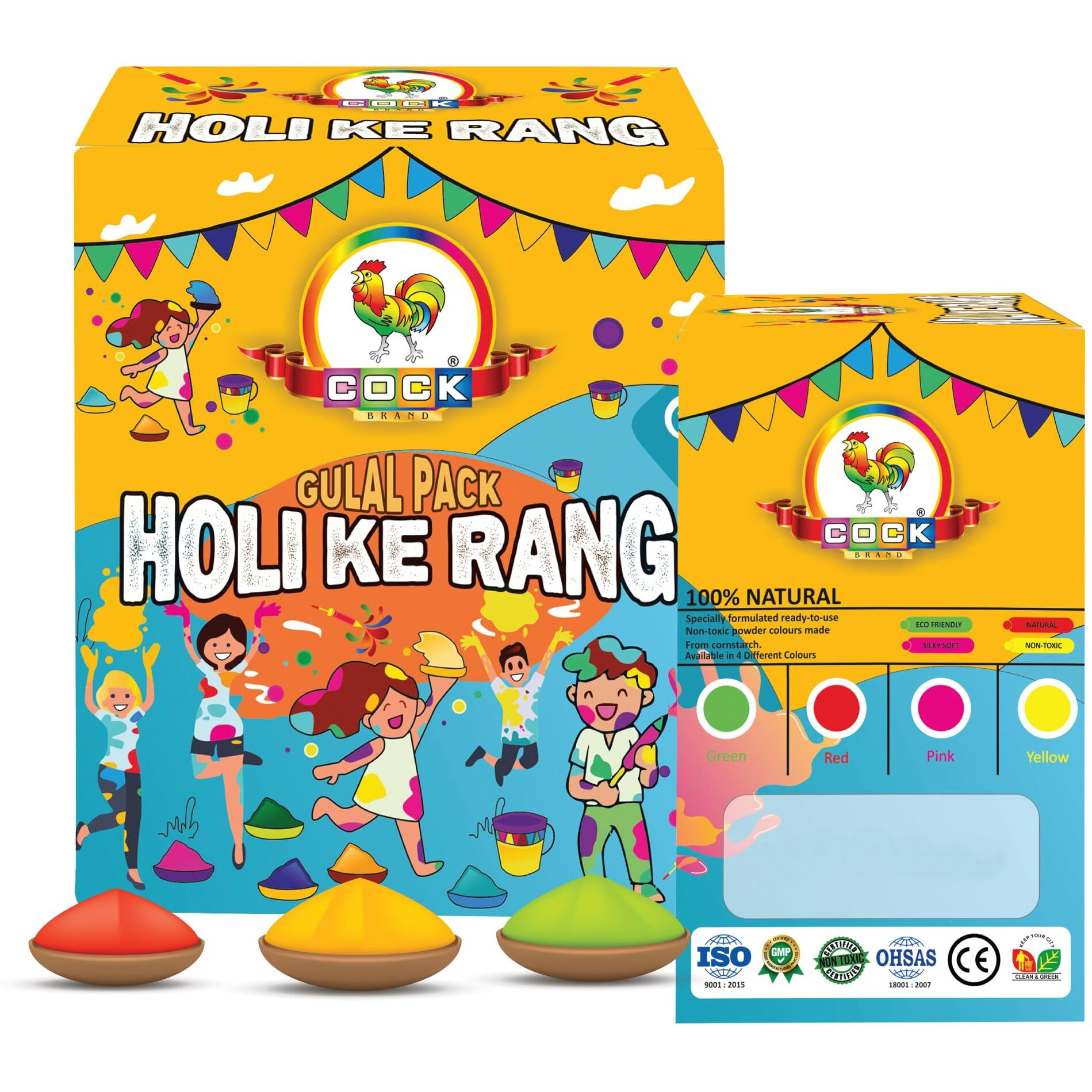 COCK BRAND Holi Ke Rang Giftbox | Gulal Packets (Multicolour) | Holi Gift Box | 100% Natural and Organic Gulal Powder | Holi Celebration 4 Pouches in Each Pack (Holi Ke Rang (Pack 2)