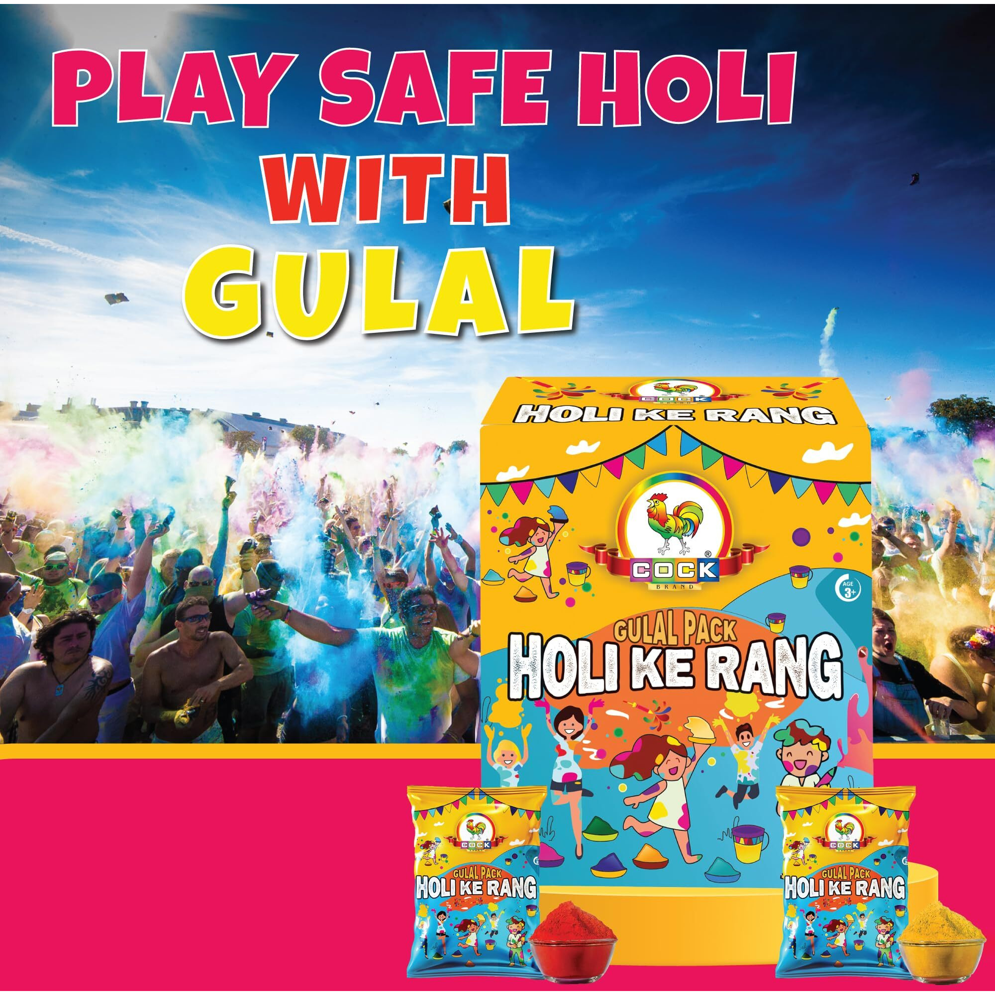 COCK BRAND Holi Ke Rang Giftbox | Gulal Packets (Multicolour) | Holi Gift Box | 100% Natural and Organic Gulal Powder | Holi Celebration 4 Pouches in Each Pack (Holi Ke Rang (Pack 2)