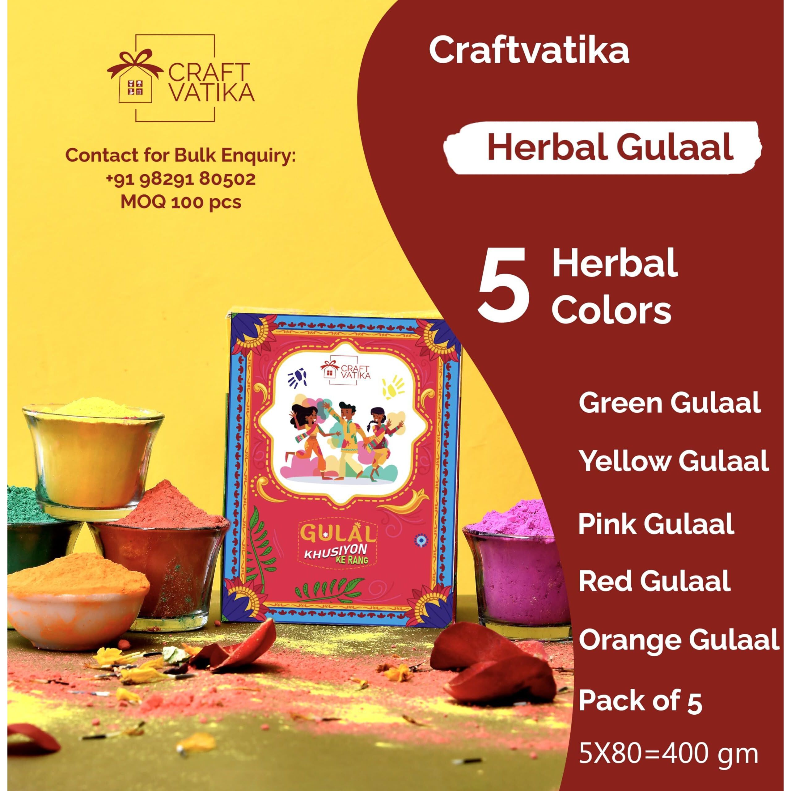 CraftVatika Premium Holi Colours - Herbal Natural Holi Gulal Colors- Pack of 5 Gulal Colours -375 gram (80 Grams Each) - Organic & Safe