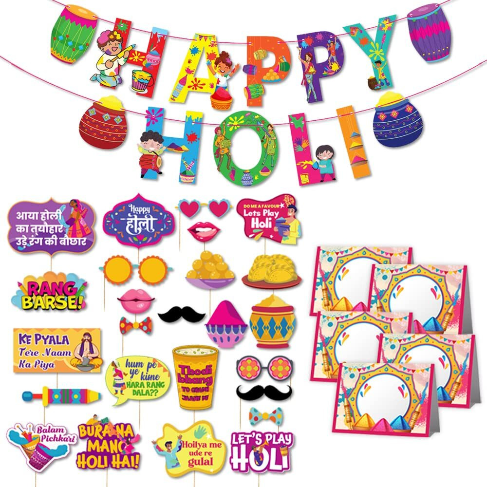 Festiko Holi Decoration Combo (Set of 36 Pcs) - 1 Pc Happy Holi Banner, 25 Pcs Holi Photobooth Props, 10 Pcs Holi Food Tags, Happy Holi Decorations, Holi Party Supplies