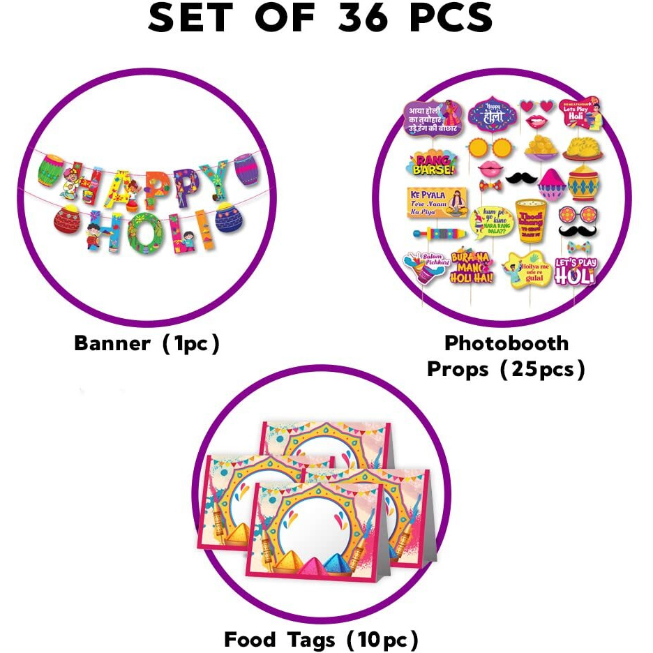 Festiko Holi Decoration Combo (Set of 36 Pcs) - 1 Pc Happy Holi Banner, 25 Pcs Holi Photobooth Props, 10 Pcs Holi Food Tags, Happy Holi Decorations, Holi Party Supplies