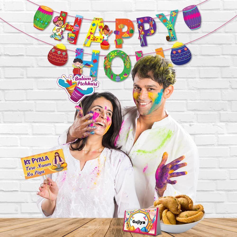 Festiko Holi Decoration Combo (Set of 36 Pcs) - 1 Pc Happy Holi Banner, 25 Pcs Holi Photobooth Props, 10 Pcs Holi Food Tags, Happy Holi Decorations, Holi Party Supplies