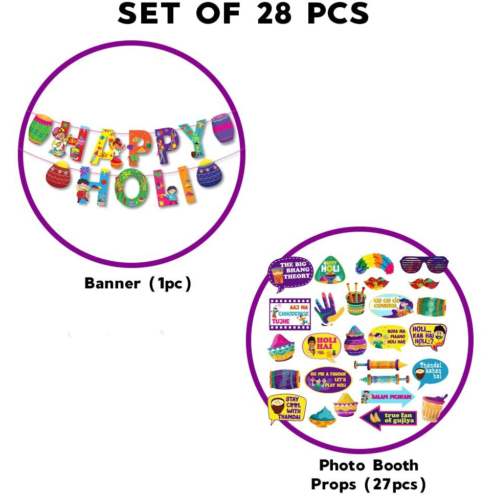 Festiko Holi Decoration Combo (Set of 28 Pcs) - 1 Pc Happy Holi Banner, 27 Pcs Holi Photobooth Props, Happy Holi Decorations, Holi Party Supplies