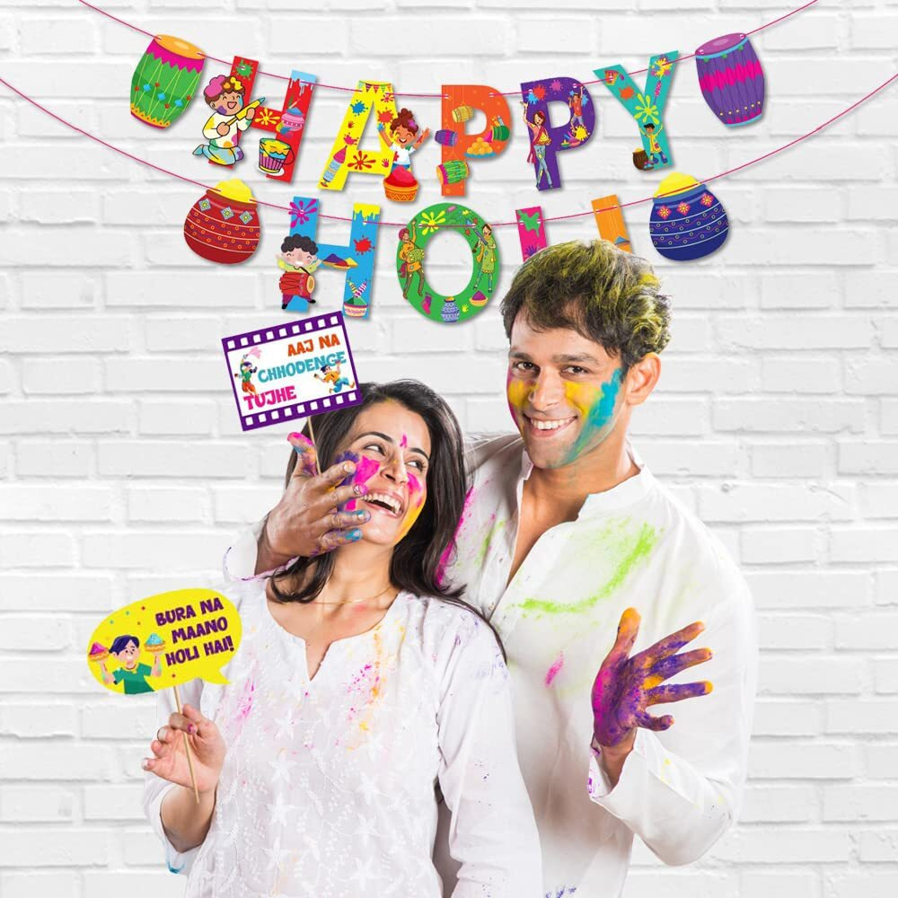 Festiko Holi Decoration Combo (Set of 28 Pcs) - 1 Pc Happy Holi Banner, 27 Pcs Holi Photobooth Props, Happy Holi Decorations, Holi Party Supplies