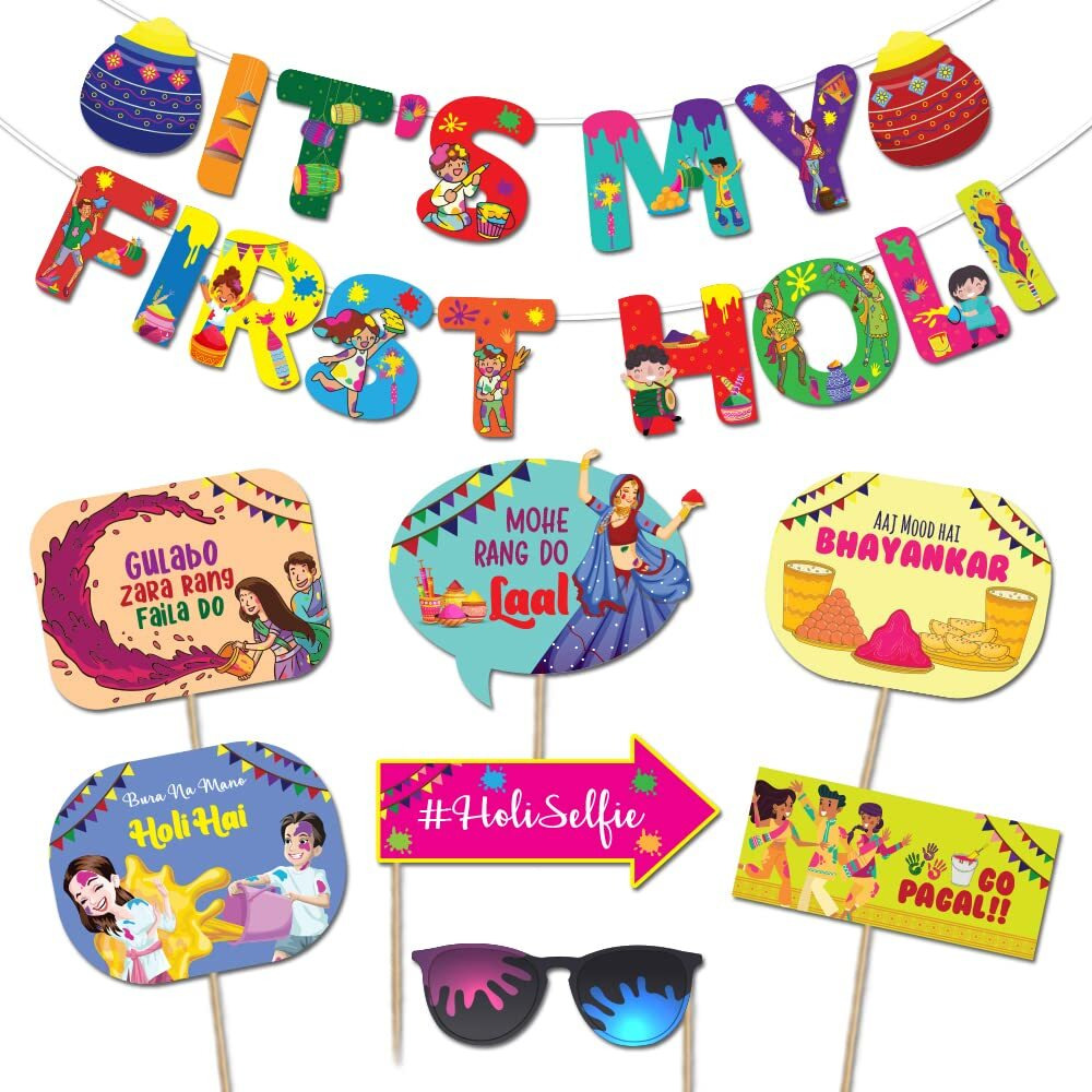 Festiko Holi Decoration Combo (Set of 8 Pcs) - 1 Pc It's My First Holi Banner, 7 Pcs Holi Photobooth Props, Happy Holi Decorations, Holi Party Supplies