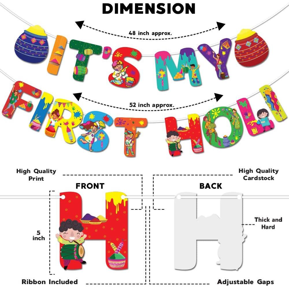 Festiko Holi Decoration Combo (Set of 8 Pcs) - 1 Pc It's My First Holi Banner, 7 Pcs Holi Photobooth Props, Happy Holi Decorations, Holi Party Supplies