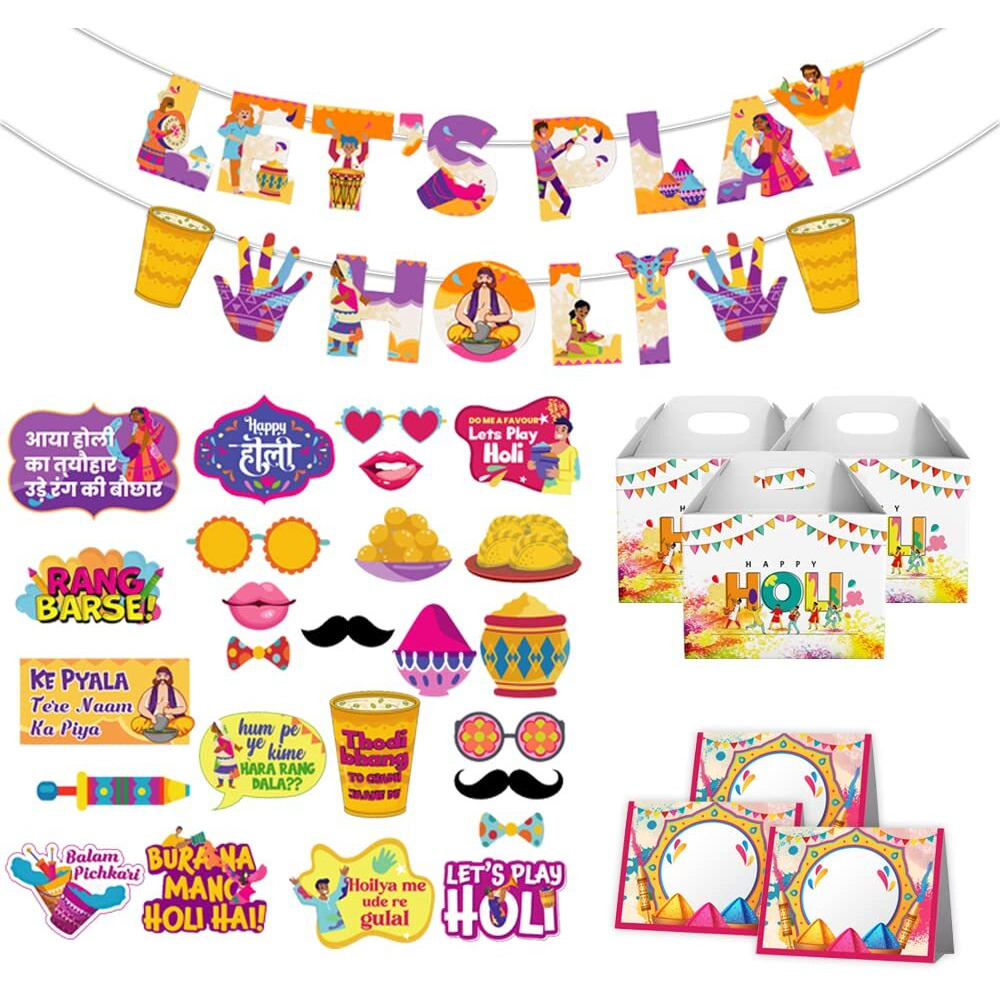 Festiko Holi Decoration Combo (Set of 46 Pcs) - 1 Pc Let's Play Holi Banner, 25 Pcs Holi Photobooth Props, 10 Pcs Holi Goodie Boxes, 10 Pcs Holi Food Tags, Happy Holi Decorations, Holi Party Supplies