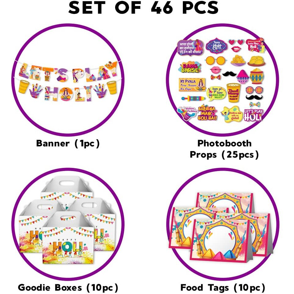 Festiko Holi Decoration Combo (Set of 46 Pcs) - 1 Pc Let's Play Holi Banner, 25 Pcs Holi Photobooth Props, 10 Pcs Holi Goodie Boxes, 10 Pcs Holi Food Tags, Happy Holi Decorations, Holi Party Supplies