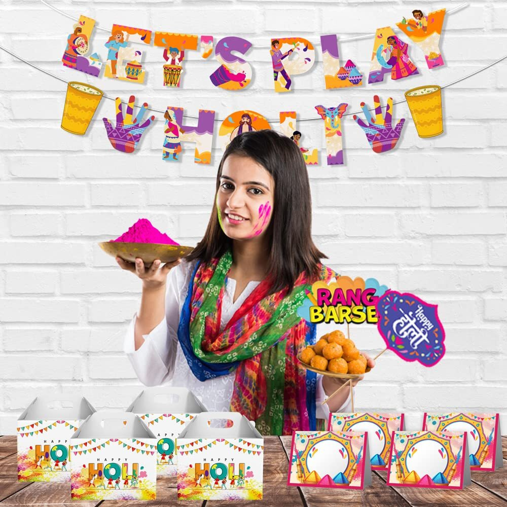 Festiko Holi Decoration Combo (Set of 46 Pcs) - 1 Pc Let's Play Holi Banner, 25 Pcs Holi Photobooth Props, 10 Pcs Holi Goodie Boxes, 10 Pcs Holi Food Tags, Happy Holi Decorations, Holi Party Supplies